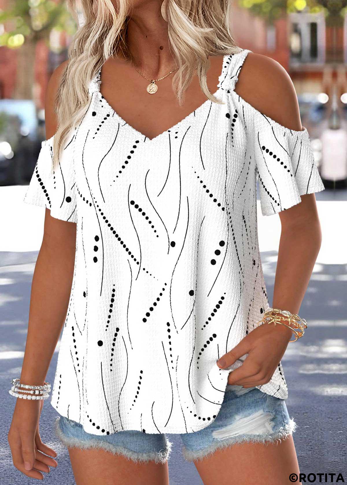 Raw white tops,Geometric tops,ROTITA Twist Geometric Print Raw White V Neck T Shirt
