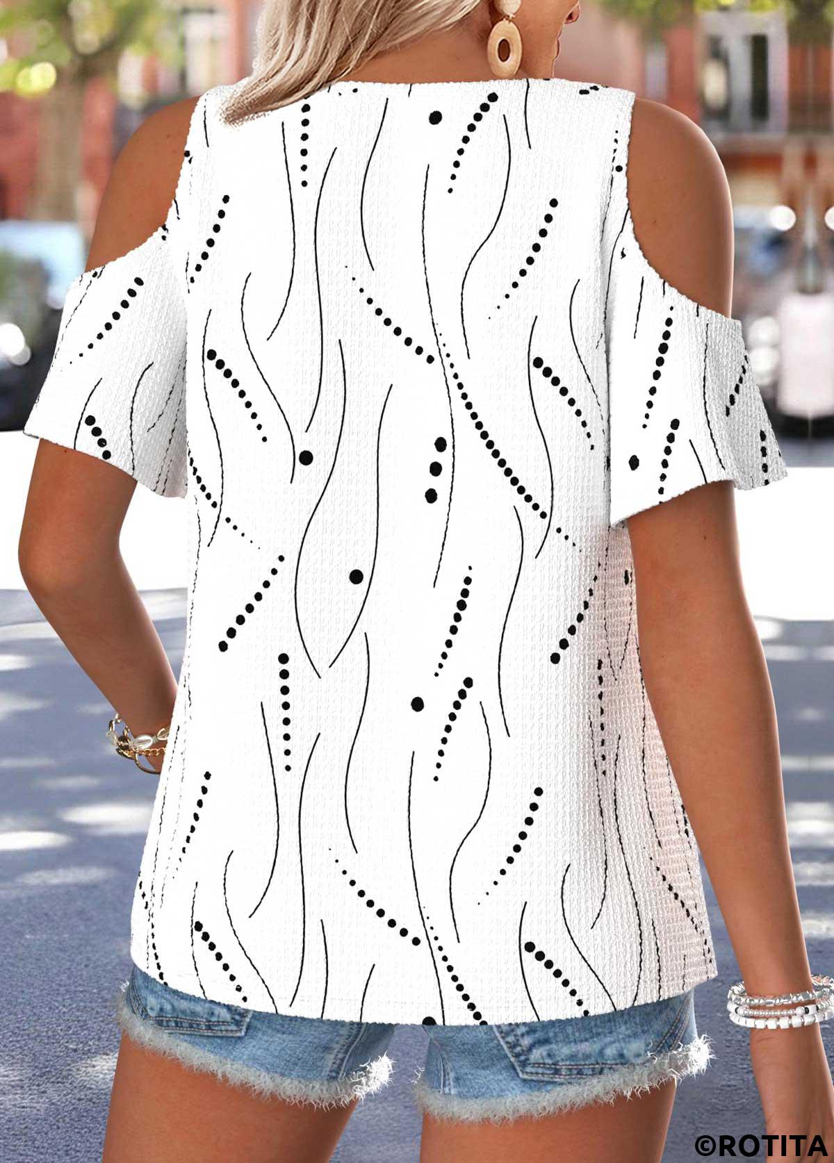 Raw white tops,Geometric tops,ROTITA Twist Geometric Print Raw White V Neck T Shirt