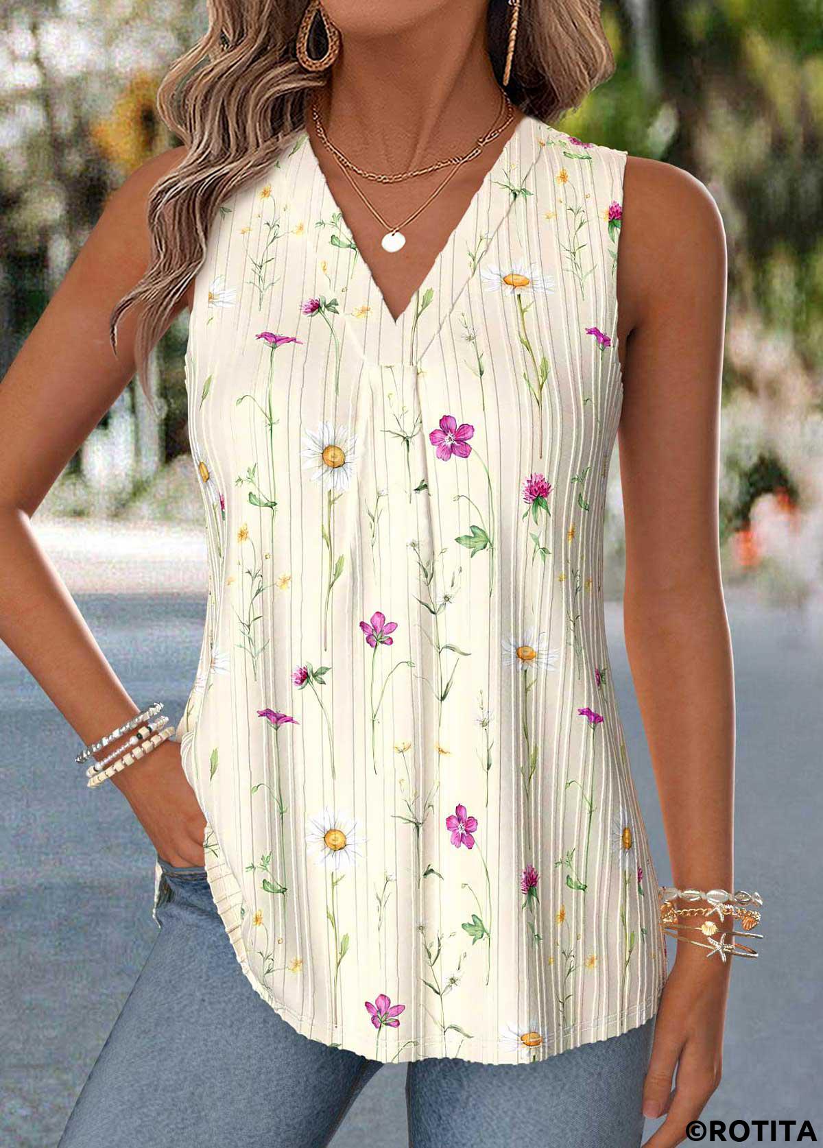 Beige tops,Floral tops,Plants tops,ROTITA Curved Hem Floral Print Beige V Neck Tank Top