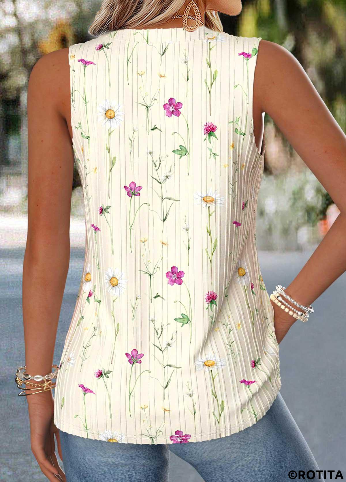 Beige tops,Floral tops,Plants tops,ROTITA Curved Hem Floral Print Beige V Neck Tank Top
