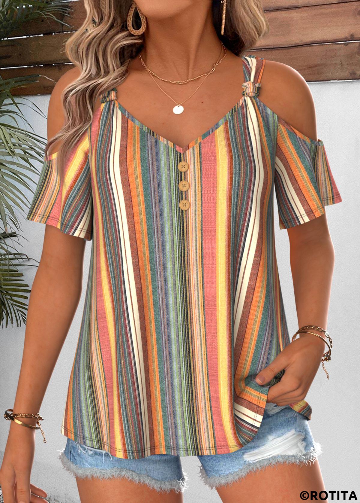 Multi Color tops,Striped tops,Geometric tops,ROTITA Twist Striped Multi Color V Neck T Shirt