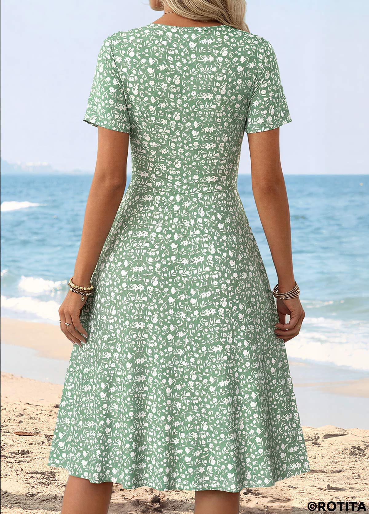 Light Green dresses,Ditsy Floral dresses,Vacation dresses,Vacation dresses,ROTITA Light Green Ditsy Floral Print Surplice V Neck Dress