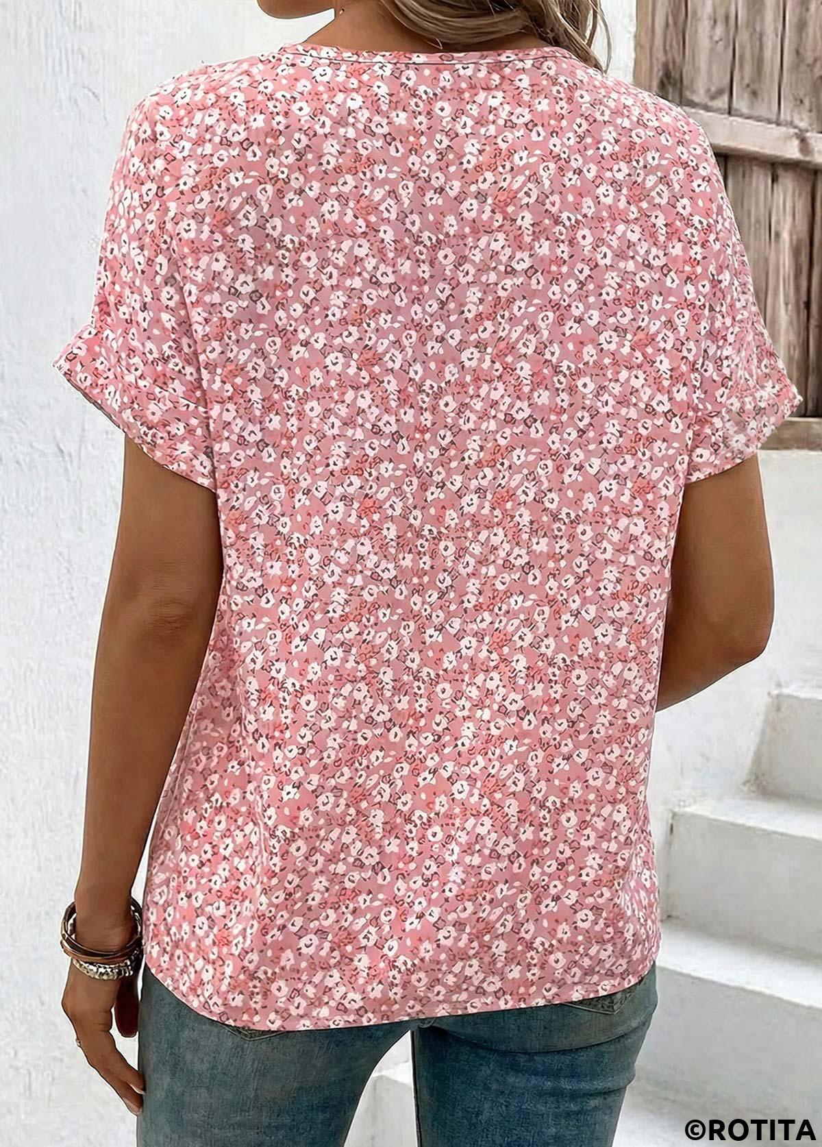 Pink tops,Ditsy Floral tops,ROTITA Tummy Coverage Ditsy Floral Print Pink T Shirt