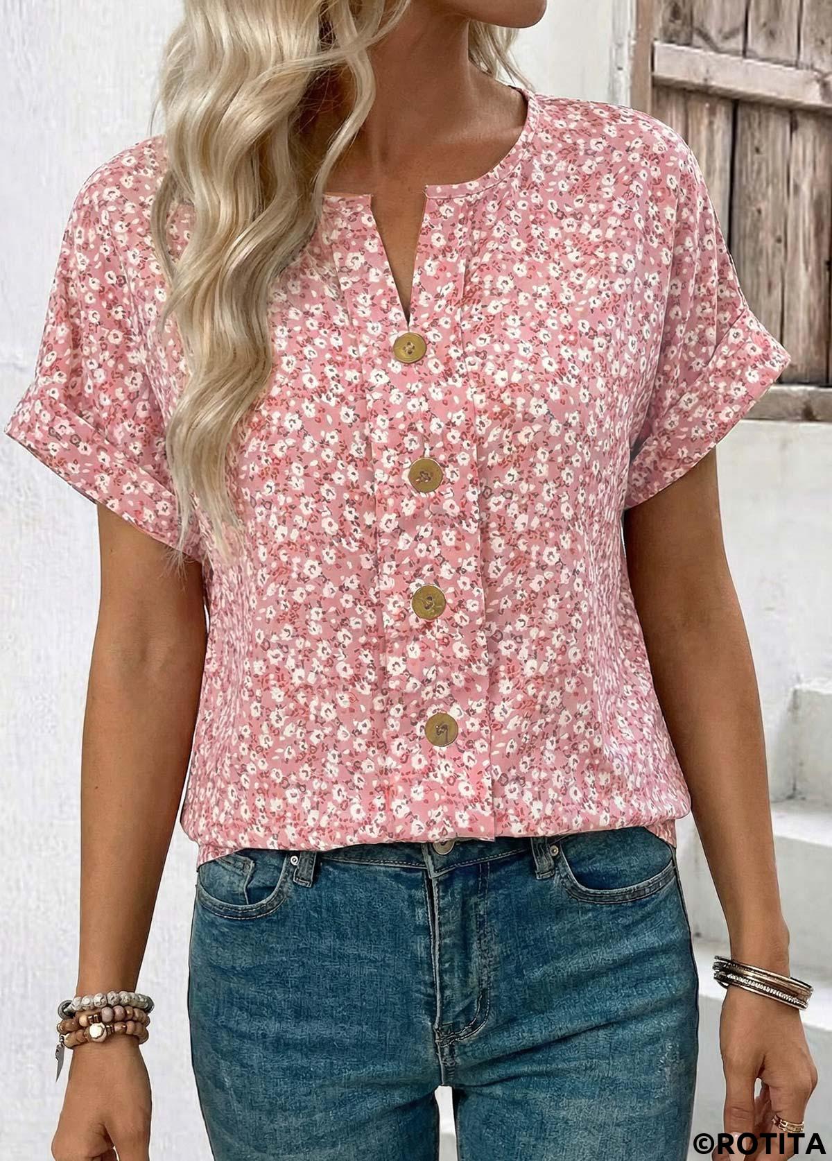 Pink tops,Ditsy Floral tops,ROTITA Tummy Coverage Ditsy Floral Print Pink T Shirt