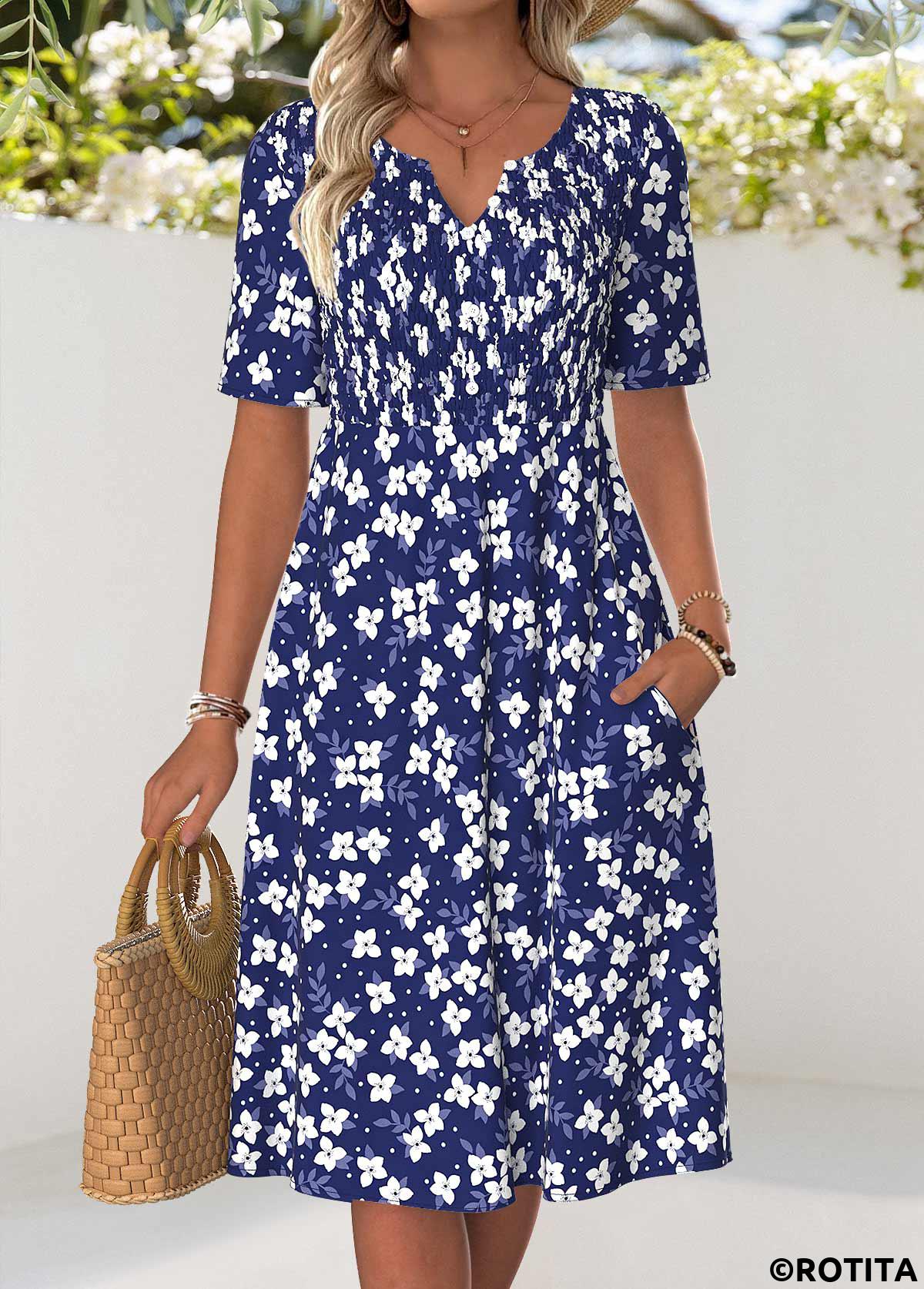 Navy dresses,Floral dresses,Plants dresses,Vacation dresses,ROTITA Navy Floral Print Smocked Split Neck Short Sleeve Dress