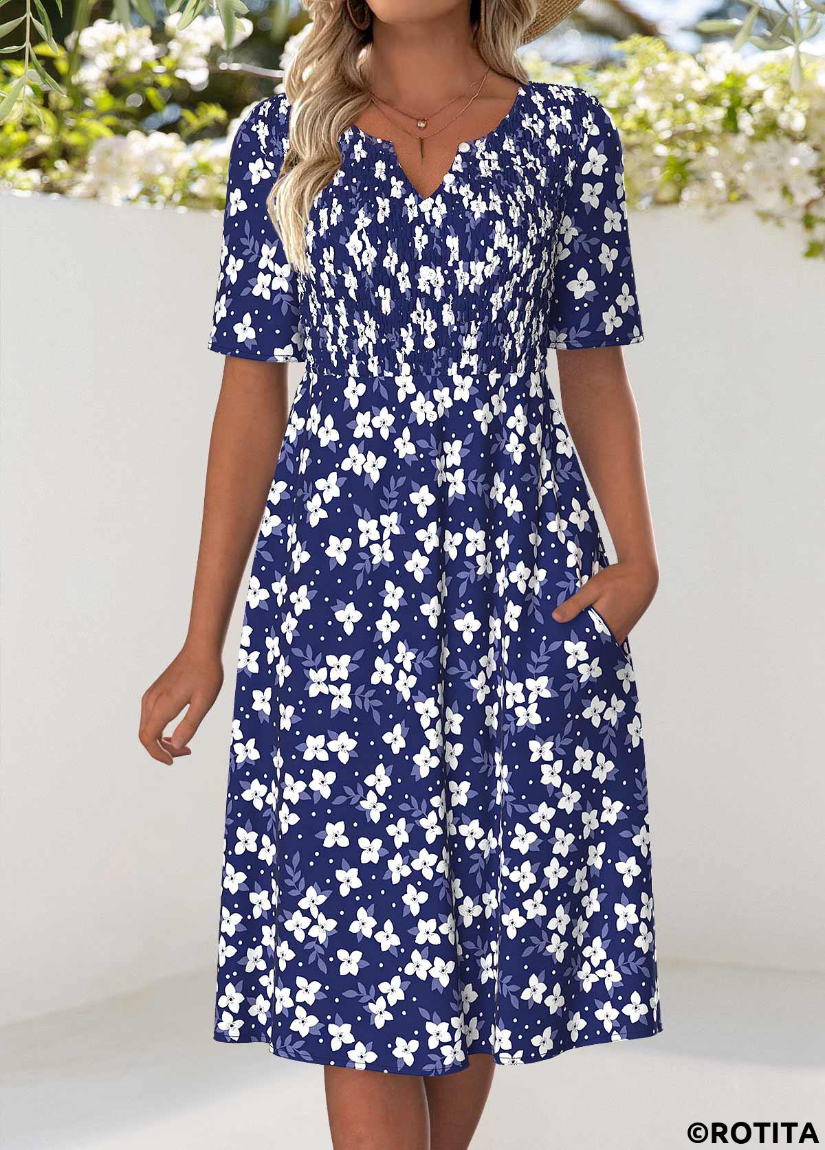 Navy dresses,Floral dresses,Plants dresses,Vacation dresses,ROTITA Navy Floral Print Smocked Split Neck Short Sleeve Dress