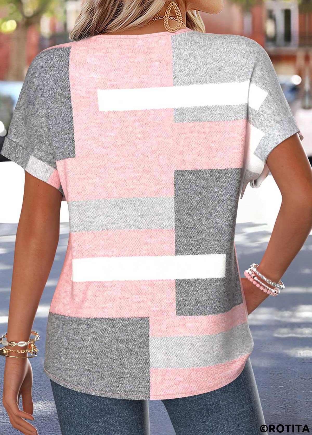 Light Pink tops,Geometric tops,ROTITA Tummy Coverage Geometric Print Light Pink T Shirt