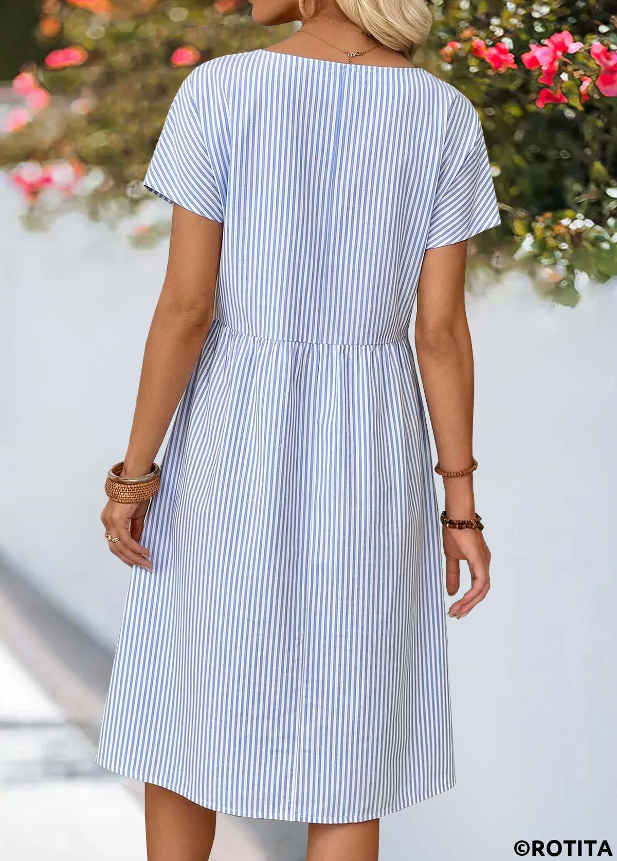 Dusty Blue dresses,Striped dresses,Geometric dresses,Casual dresses,ROTITA Dusty Blue Striped Shirred Round Neck Short Sleeve Dress
