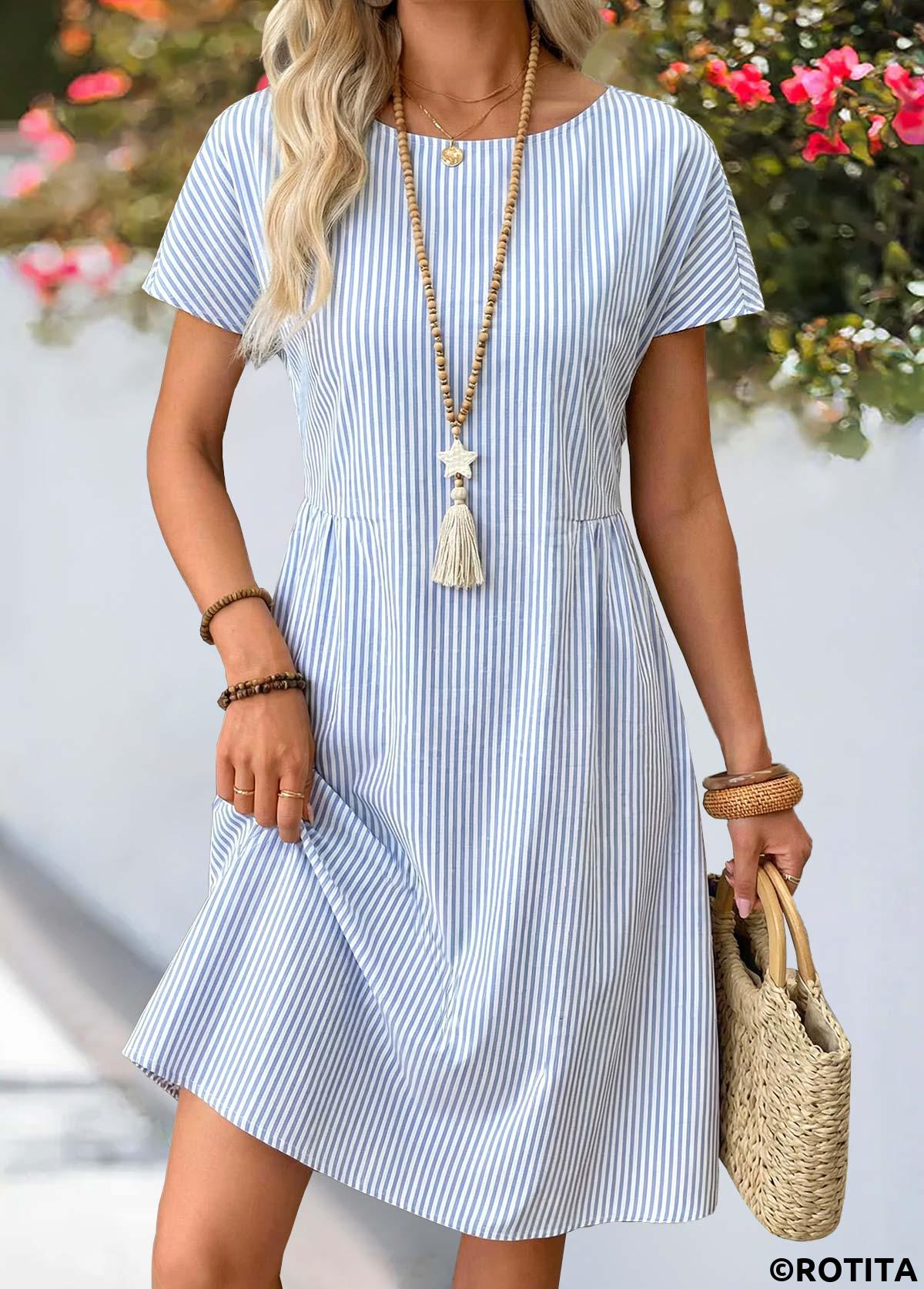 Dusty Blue dresses,Striped dresses,Geometric dresses,Casual dresses,ROTITA Dusty Blue Striped Shirred Round Neck Short Sleeve Dress