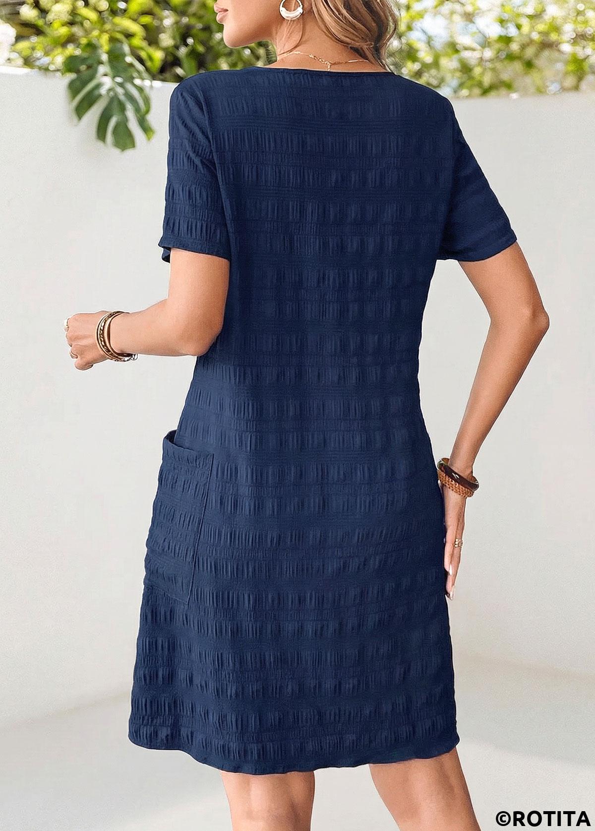 Navy dresses,Plain Color dresses,Casual dresses,ROTITA Navy Patch Pocket Round Neck Short Sleeve Dress