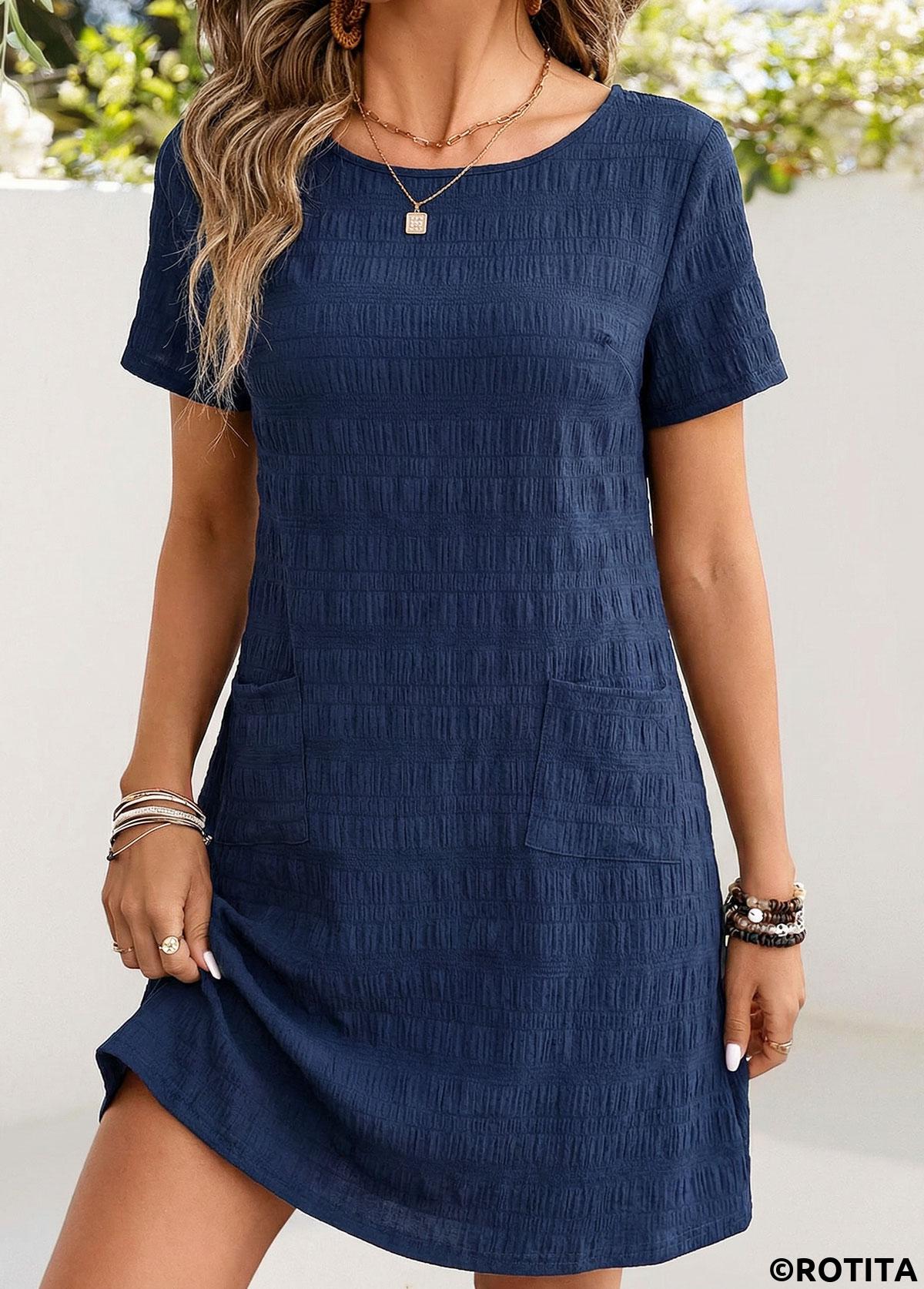 Navy dresses,Plain Color dresses,Casual dresses,ROTITA Navy Patch Pocket Round Neck Short Sleeve Dress