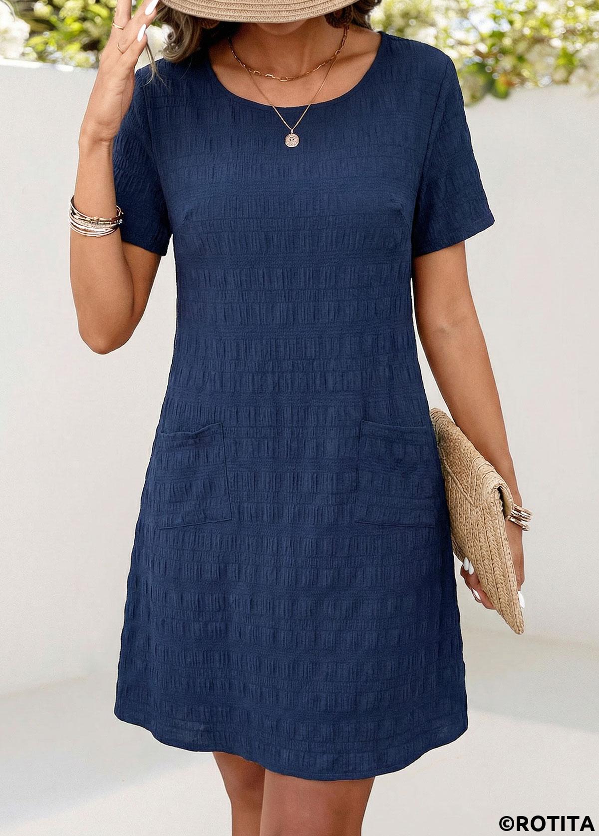 Navy dresses,Plain Color dresses,Casual dresses,ROTITA Navy Patch Pocket Round Neck Short Sleeve Dress