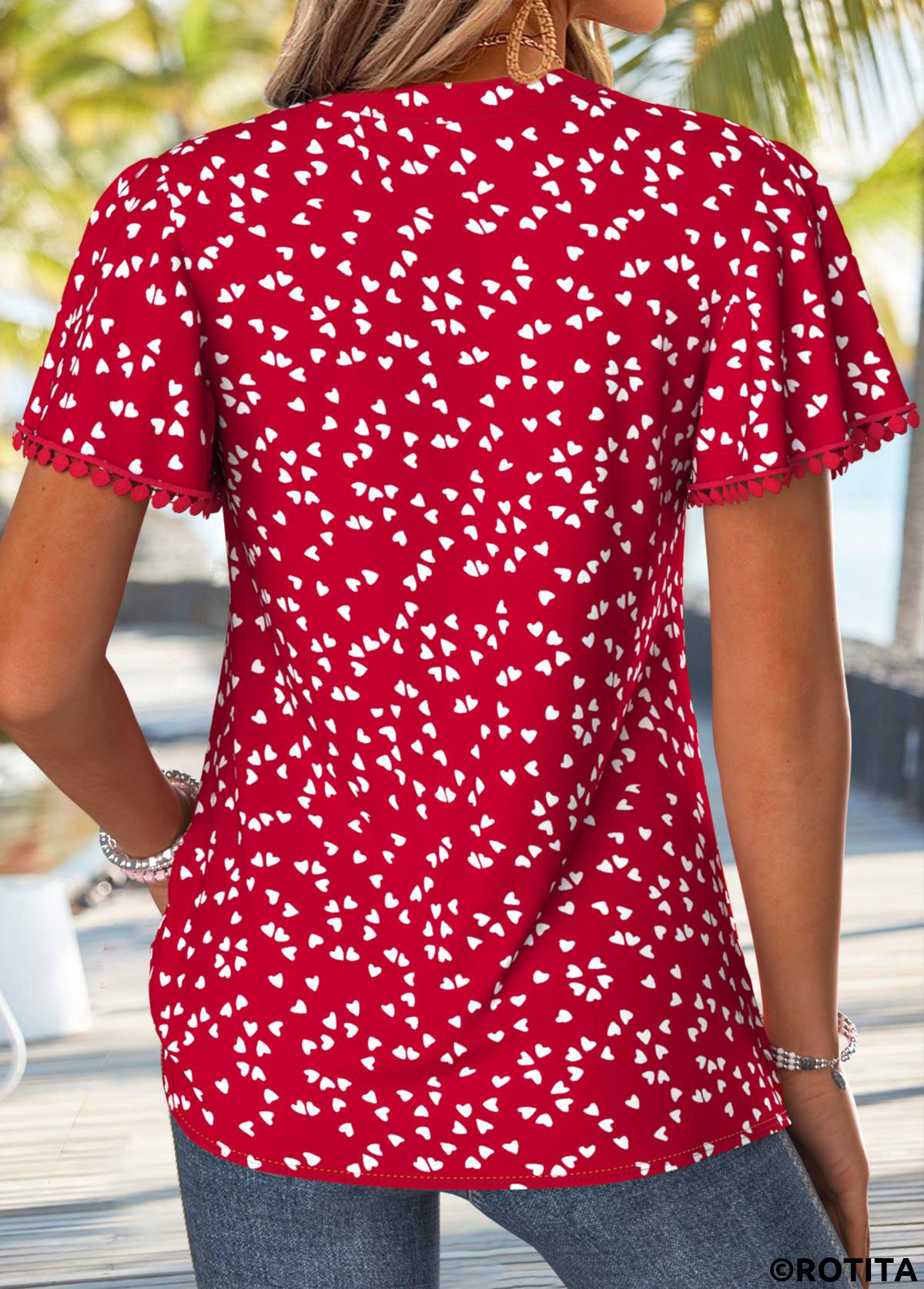 Red tops,Heart tops,ROTITA Curved Hem Heart Print Red Split Neck T Shirt