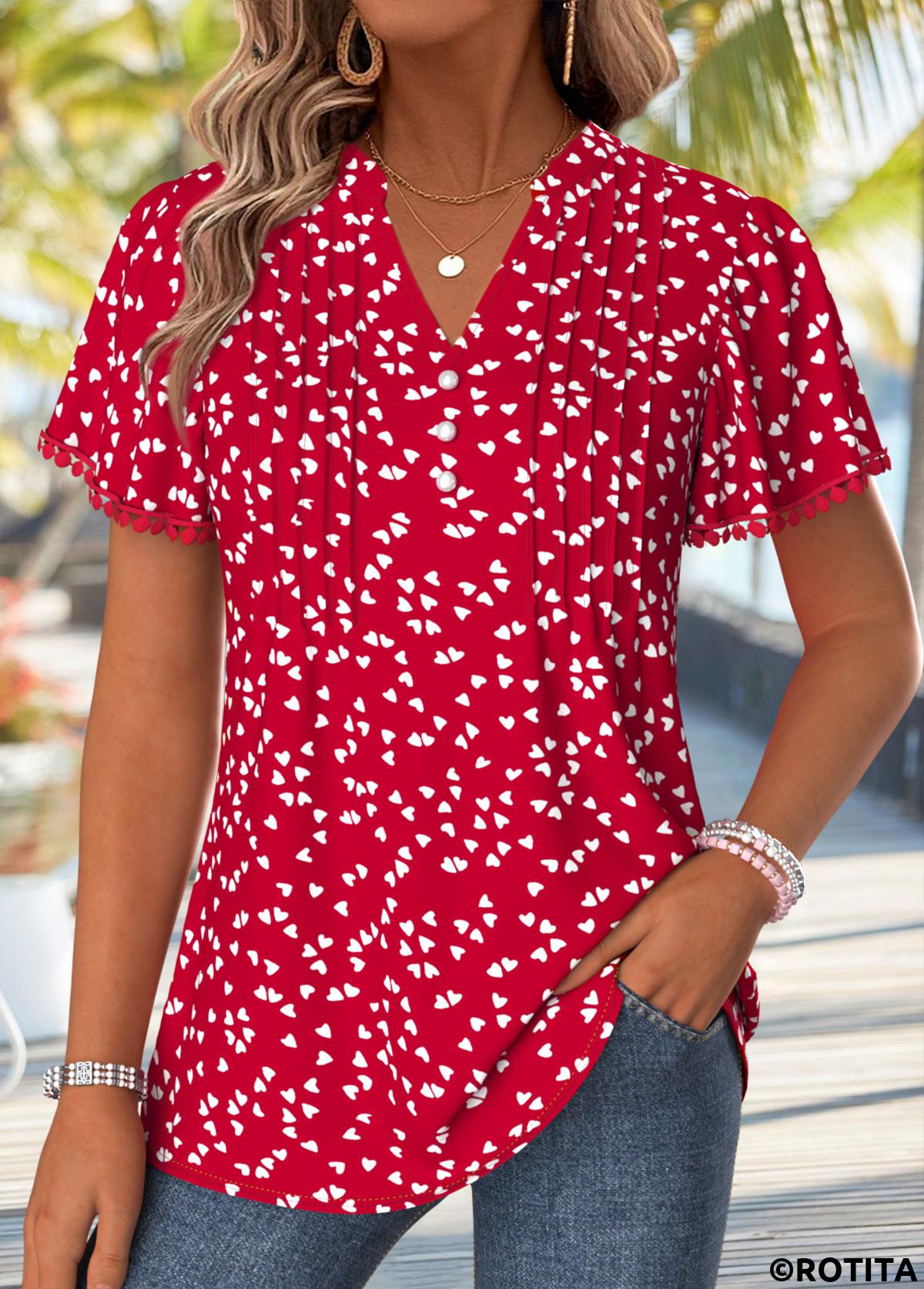 Red tops,Heart tops,ROTITA Curved Hem Heart Print Red Split Neck T Shirt