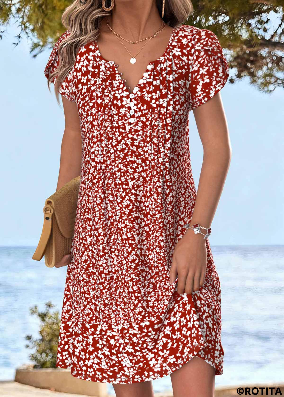 Red dresses,Ditsy Floral dresses,Vacation dresses,Vacation dresses,ROTITA Red Ditsy Floral Print Tuck Stitch Short Dress