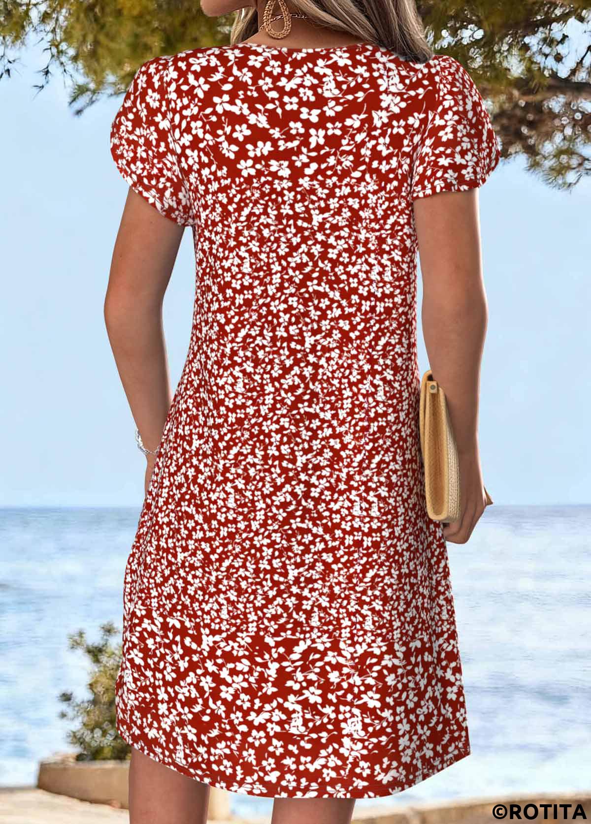 Red dresses,Ditsy Floral dresses,Vacation dresses,Vacation dresses,ROTITA Red Ditsy Floral Print Tuck Stitch Short Dress