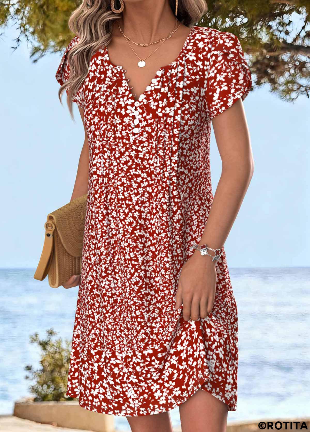Red dresses,Ditsy Floral dresses,Vacation dresses,Vacation dresses,ROTITA Red Ditsy Floral Print Tuck Stitch Short Dress