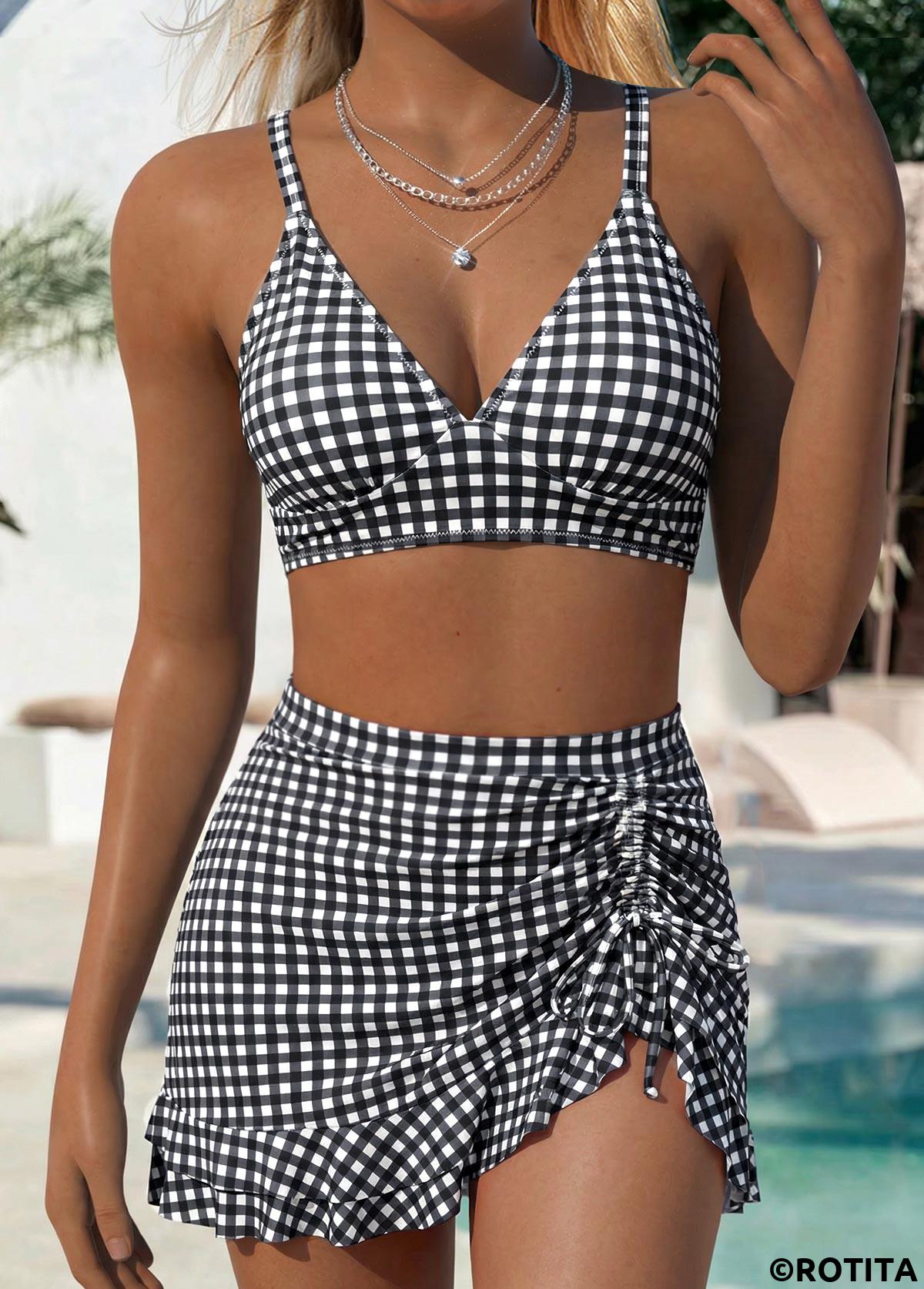 Black swimwear,Plaid swimwear,Geometric swimwear,ROTITA Black Curved Hem Gingham Print Mid Waisted Bikini Set