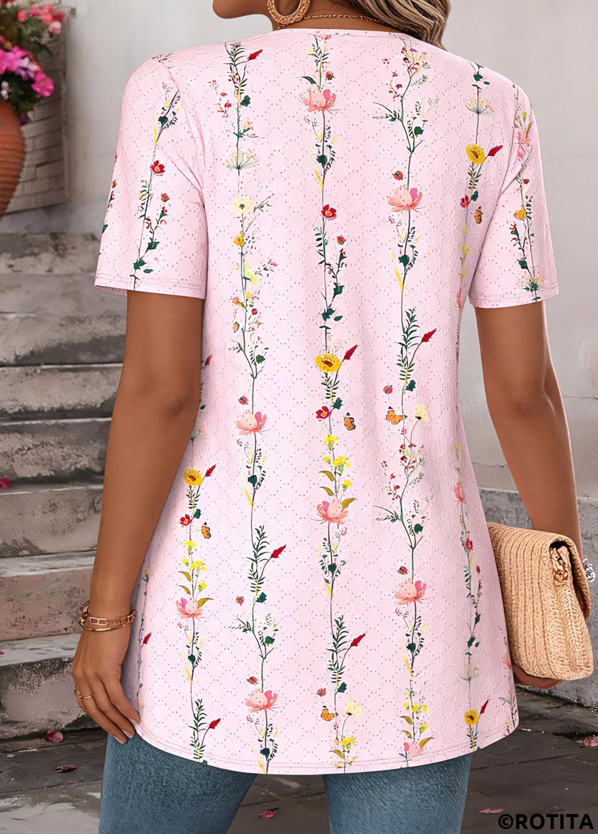 Light Pink tops,Ditsy Floral tops,ROTITA Ditsy Floral Print Light Pink Fake Two Piece Twinset