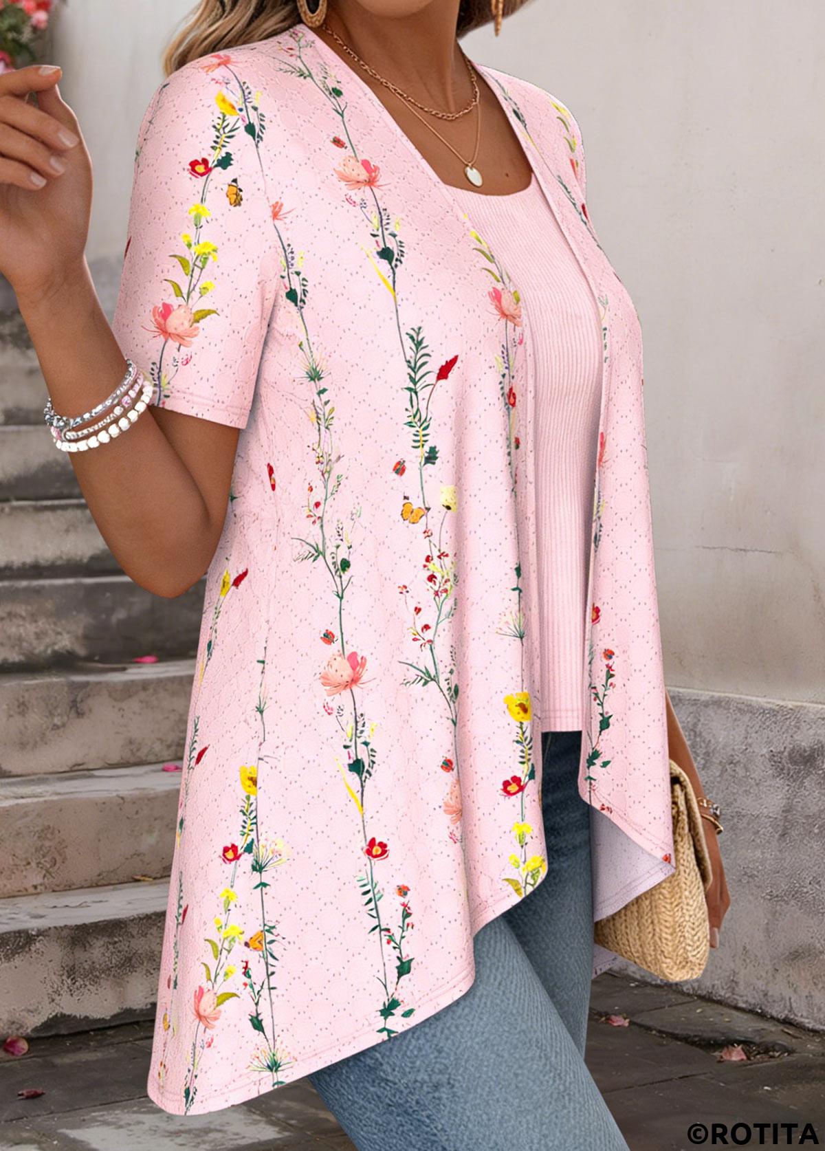 Light Pink tops,Ditsy Floral tops,ROTITA Ditsy Floral Print Light Pink Fake Two Piece Twinset