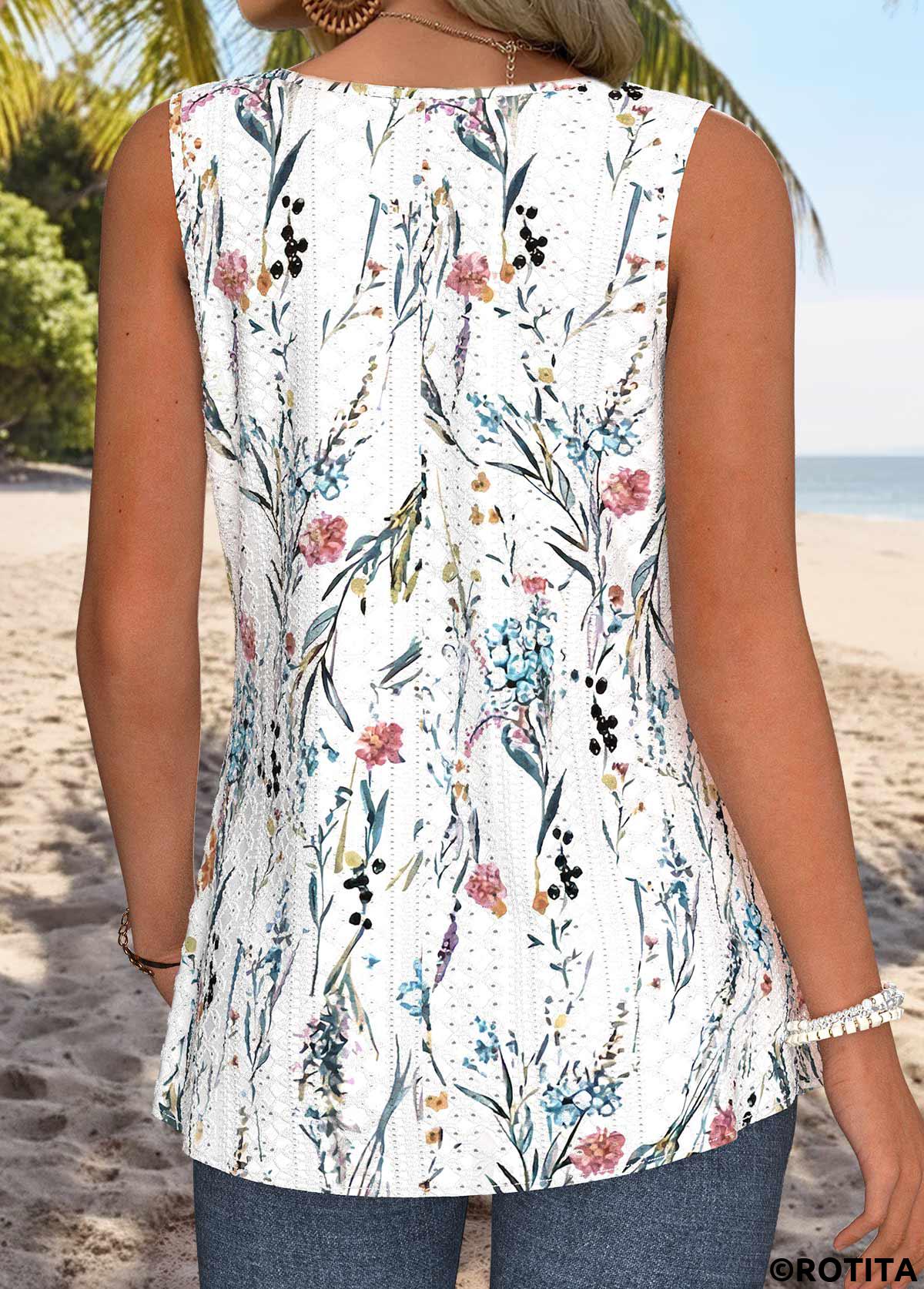 White tops,Floral tops,Plants tops,ROTITA Curved Hem Floral Print White Sleeveless Tank Top