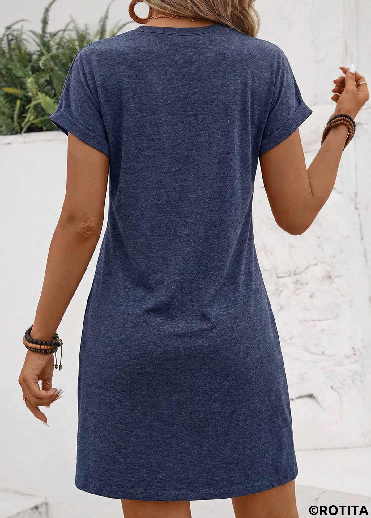 Navy dresses,Plain Color dresses,Vacation dresses,ROTITA Navy Tuck Stitch Short Round Neck Dress