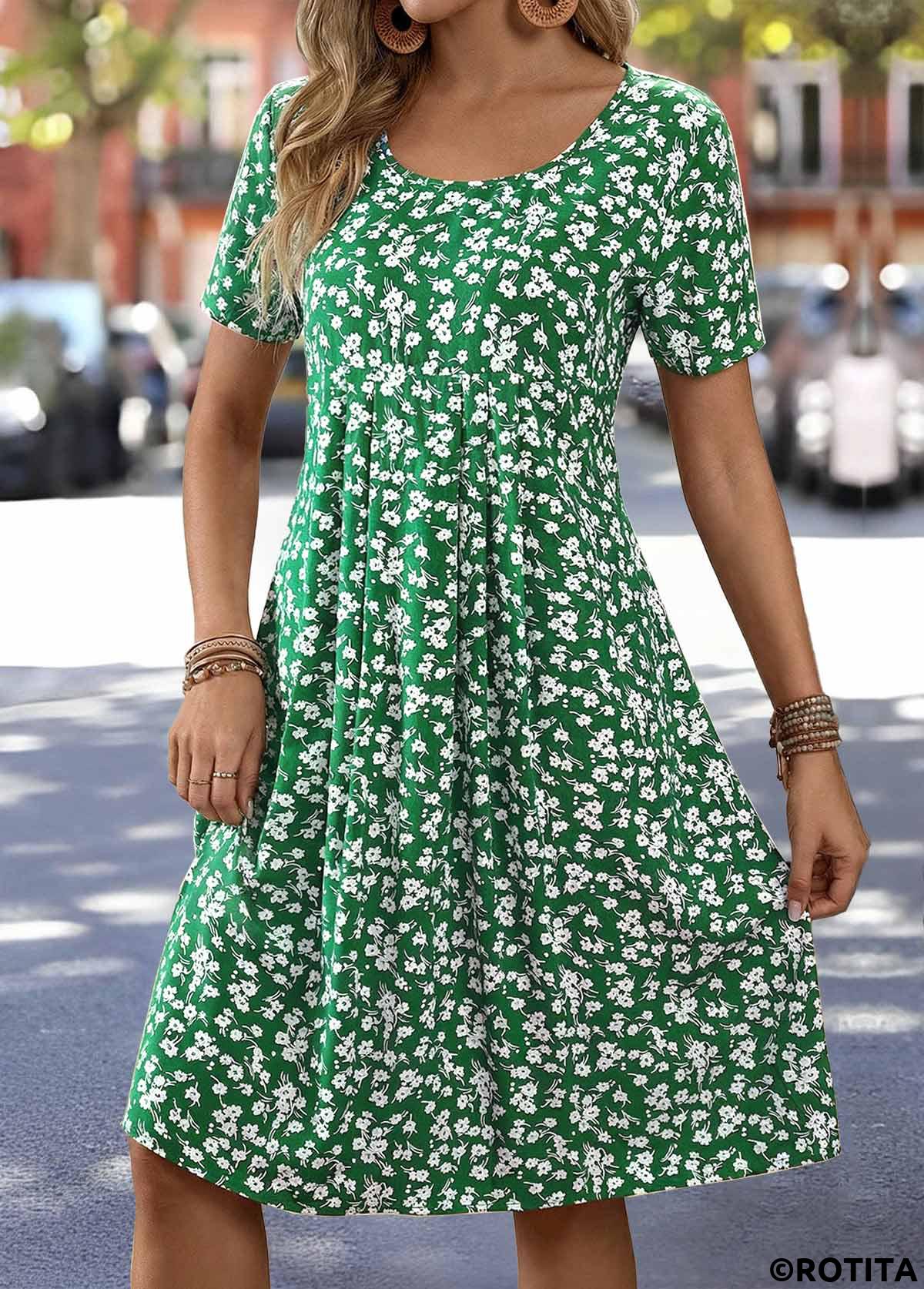 Green dresses,Floral dresses,Plants dresses,Vacation dresses,ROTITA Green Floral Print Tummy Coverage Round Neck Dress