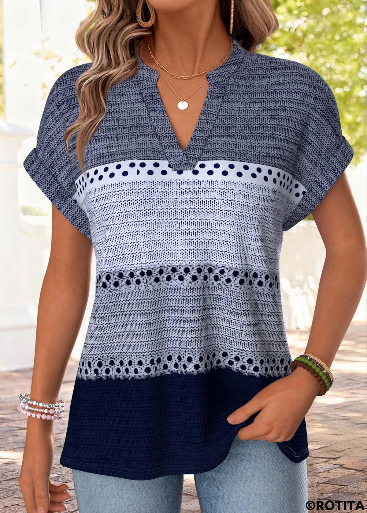 Blue tops,Striped tops,Geometric tops,ROTITA Striped Blue Split Neck Short Sleeve T Shirt