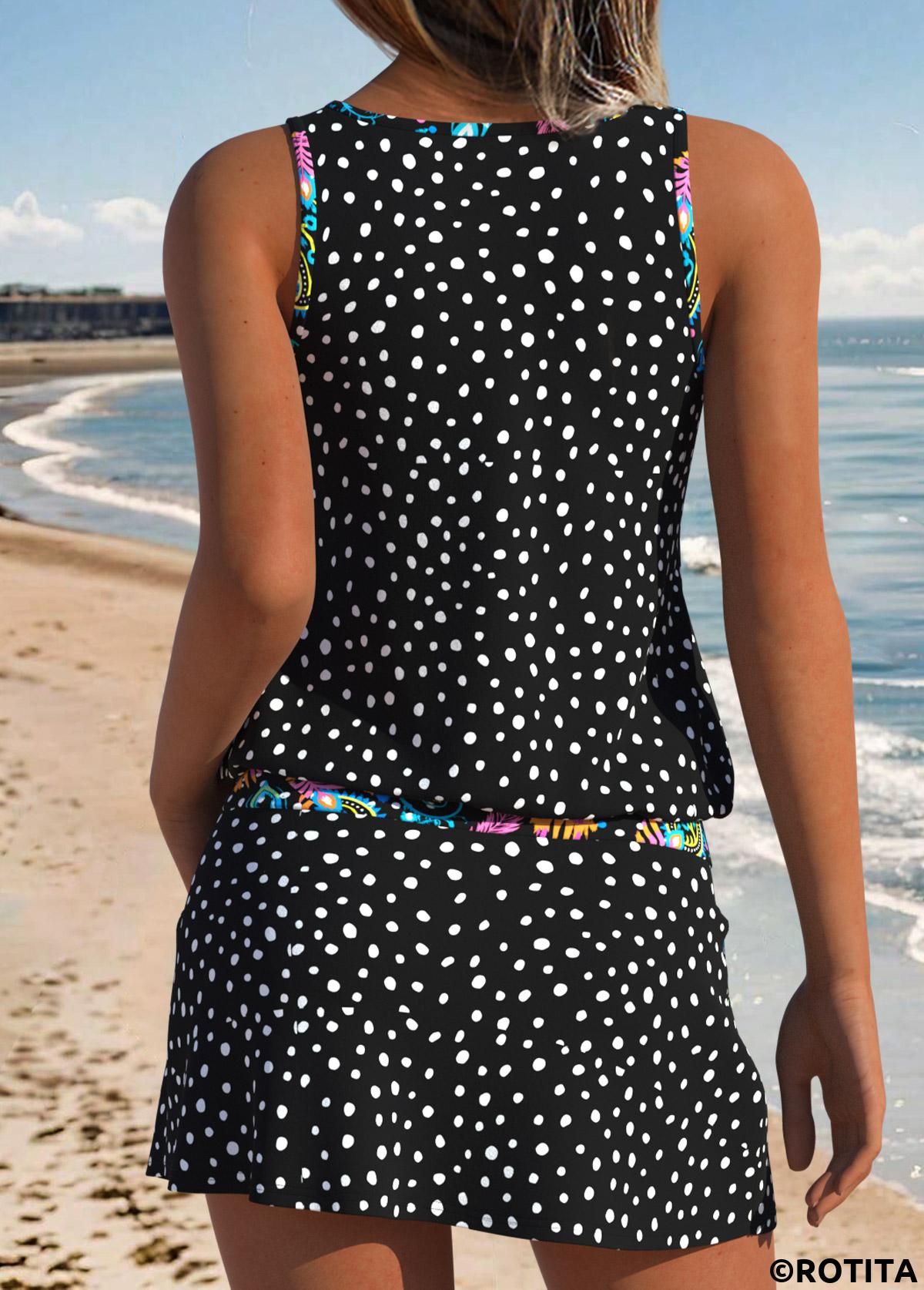 Black swimwear,Dot swimwear,ROTITA Black Two-piece Polka Dot Mid Waisted Tankini Set