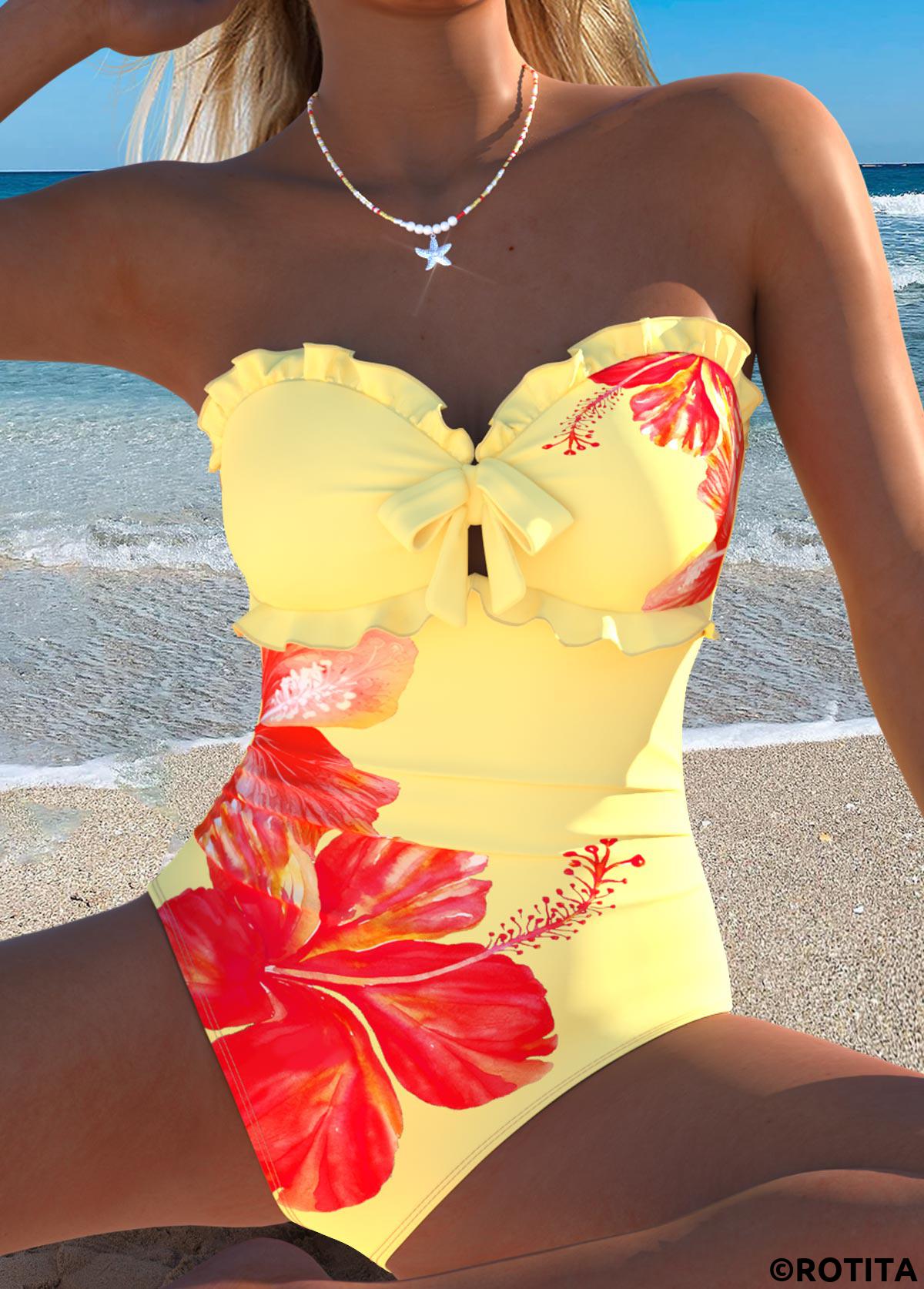 Light Yellow swimwear,Floral swimwear,Plants swimwear,ROTITA Light Yellow Cut Out Floral Print One Piece Swimwear