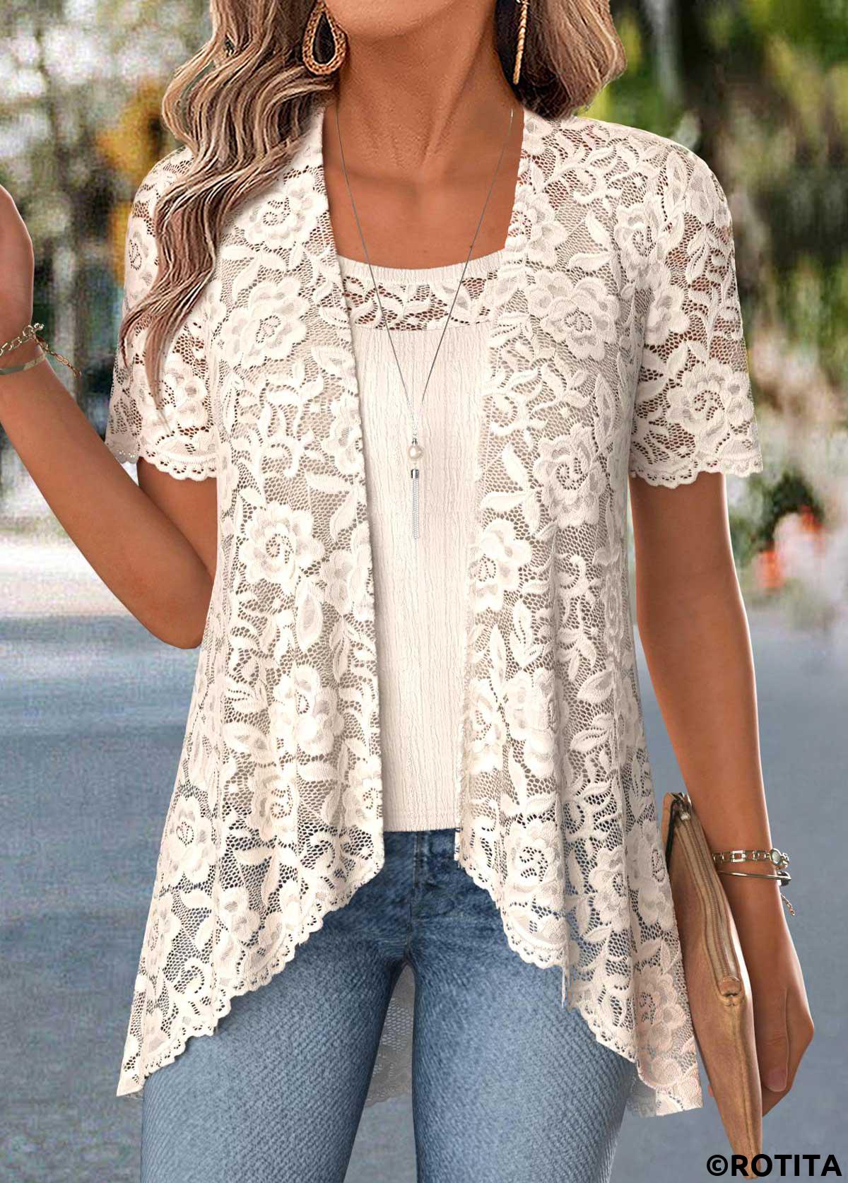 Beige tops,Plain Color tops,ROTITA Two-piece Beige Round Neck Cardigan and Tank Top