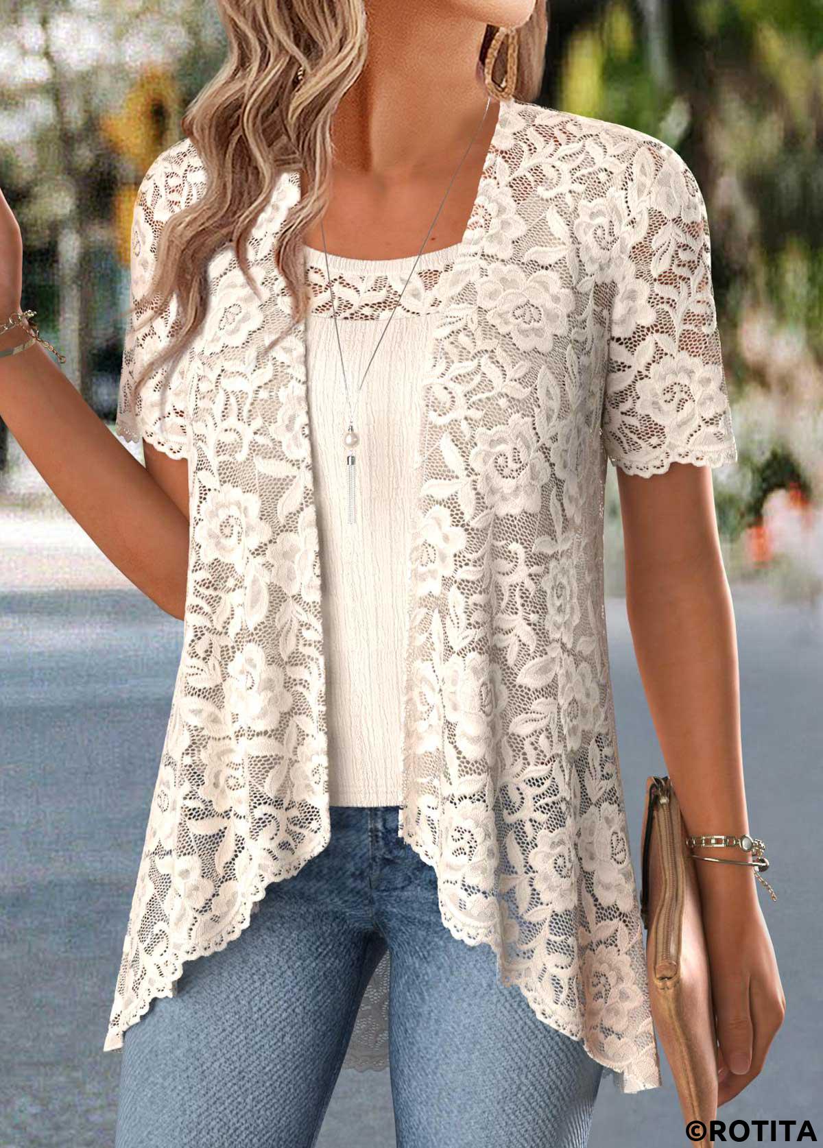 Beige tops,Plain Color tops,ROTITA Two-piece Beige Round Neck Cardigan and Tank Top