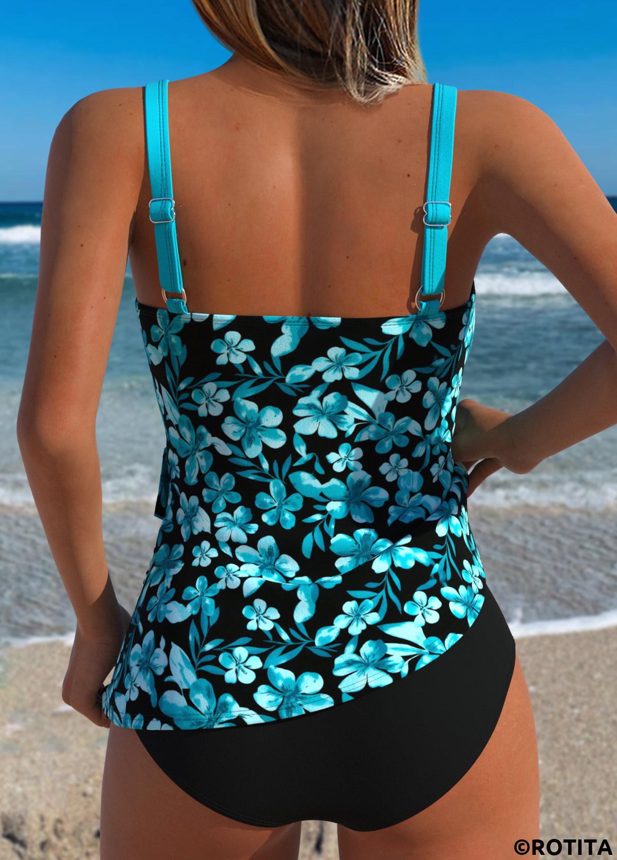 Black swimwear,Floral swimwear,Plants swimwear,ROTITA Black Tummy Coverage Floral Print Tankini Top
