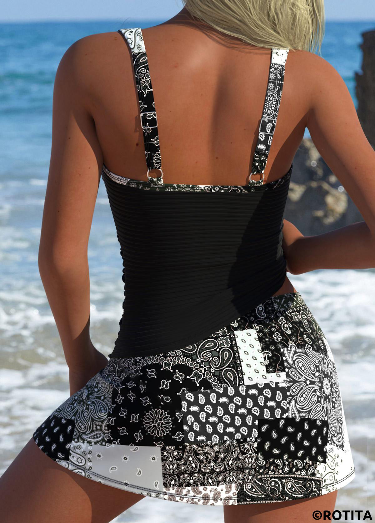 Black swimwear,Paisley swimwear,ROTITA Black Drawstring Paisley Print Mid Waisted Tankini Set