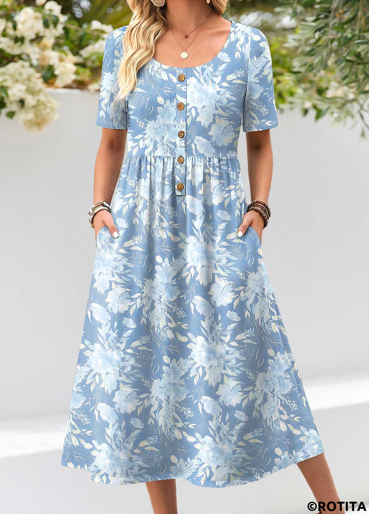 Light Blue dresses,Floral dresses,Plants dresses,Casual dresses,ROTITA Light Blue Floral Print Shirred Scoop Neck Dress