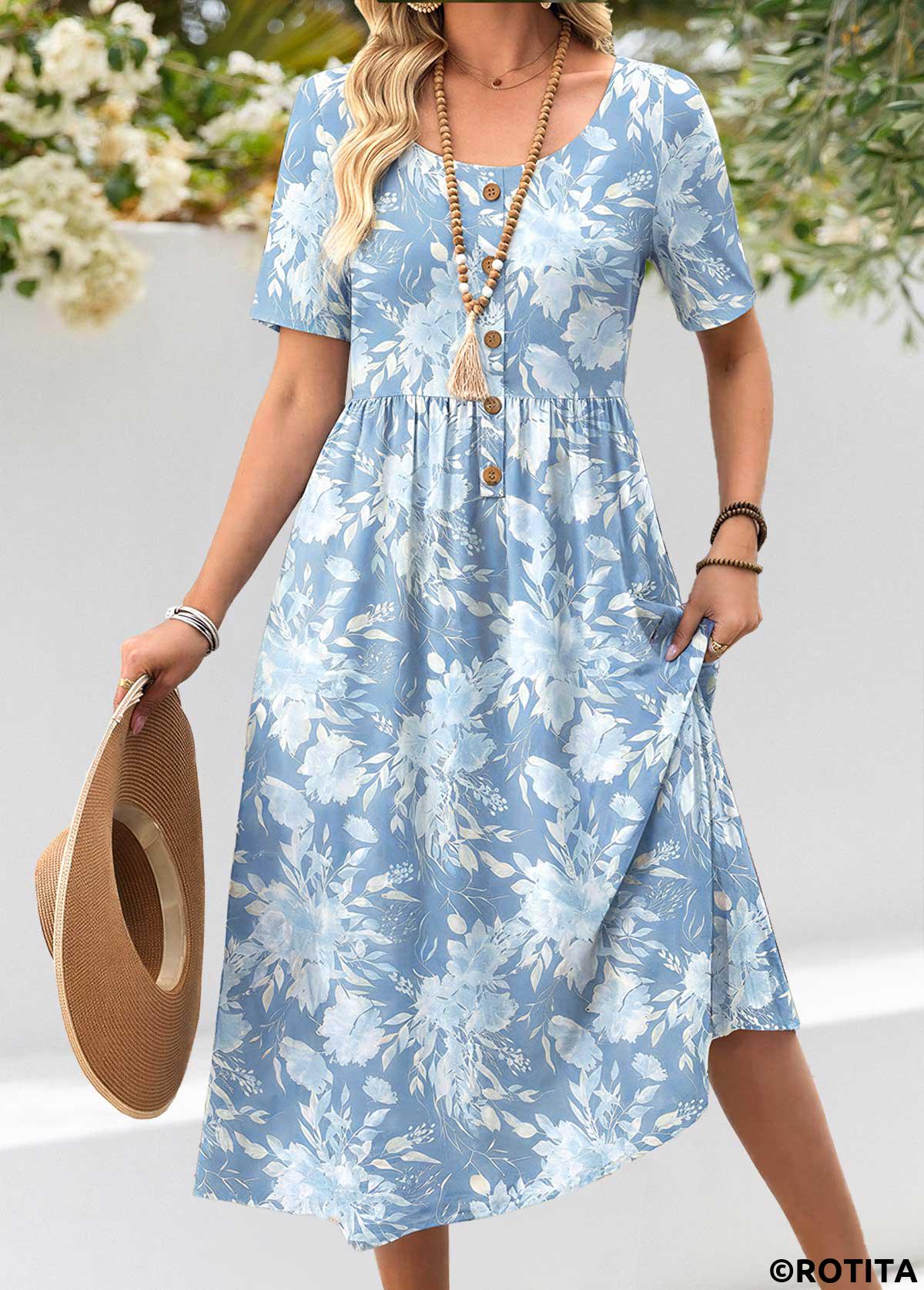 Light Blue dresses,Floral dresses,Plants dresses,Casual dresses,ROTITA Light Blue Floral Print Shirred Scoop Neck Dress