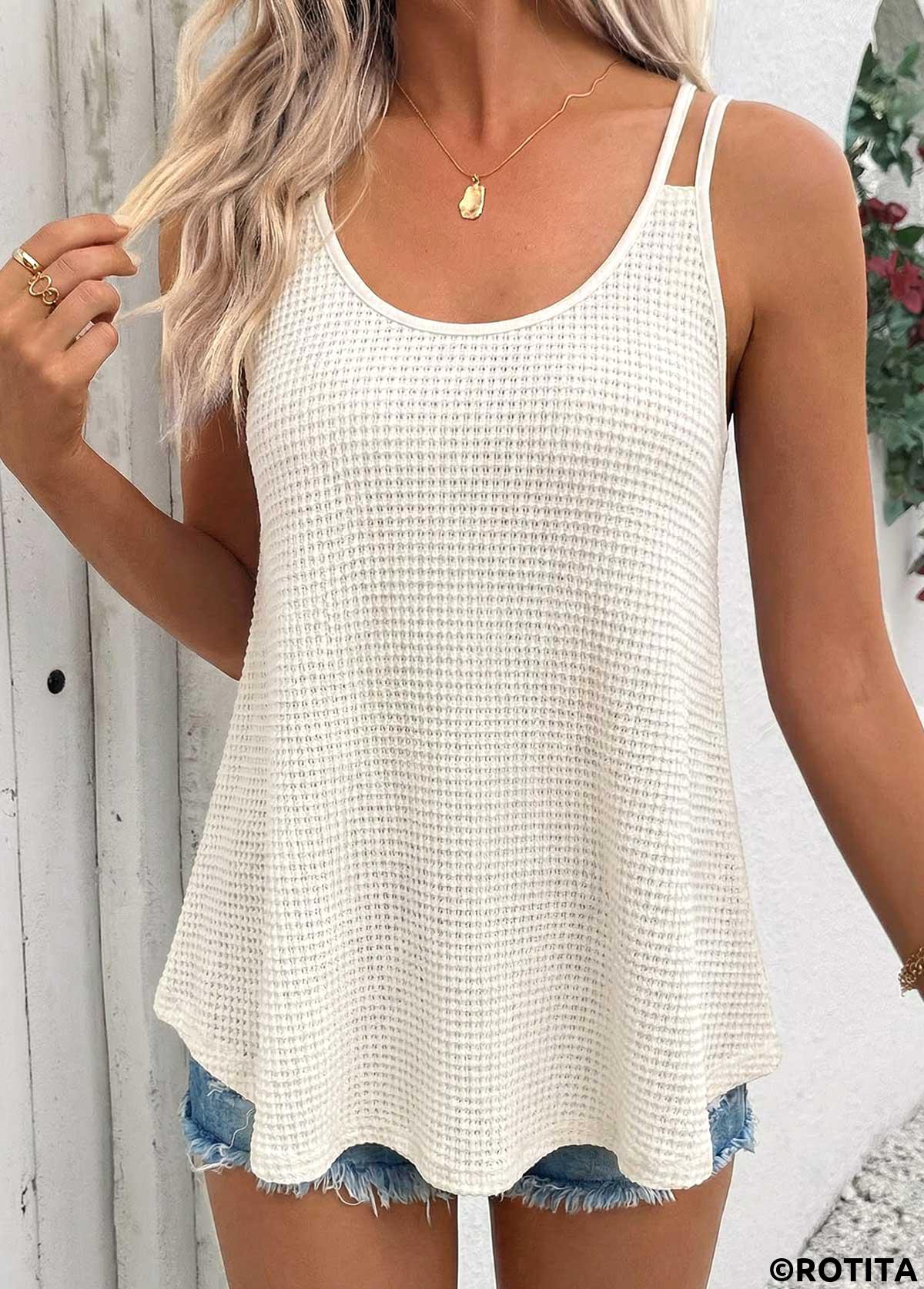 Beige tops,Plain Color tops,ROTITA Tummy Coverage Beige Scoop Neck Strappy Camisole Top