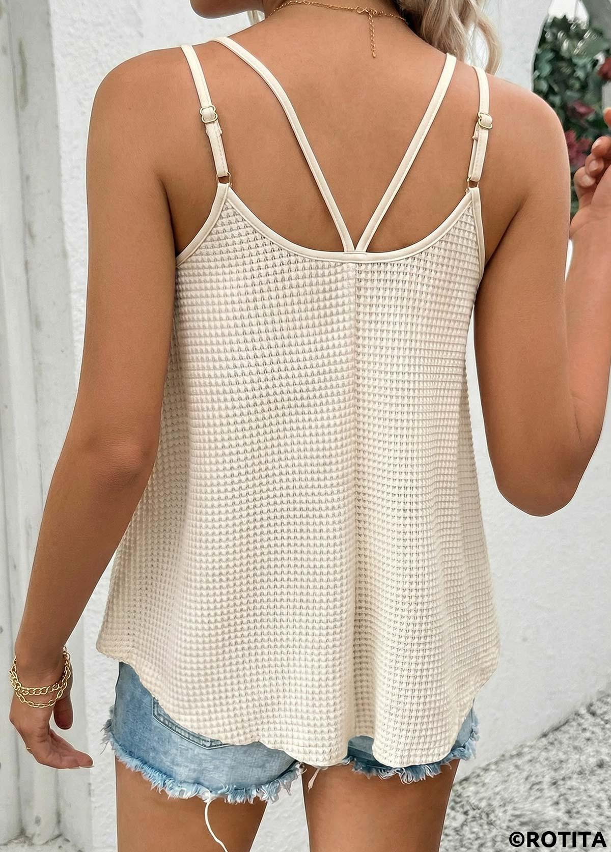 Beige tops,Plain Color tops,ROTITA Tummy Coverage Beige Scoop Neck Strappy Camisole Top