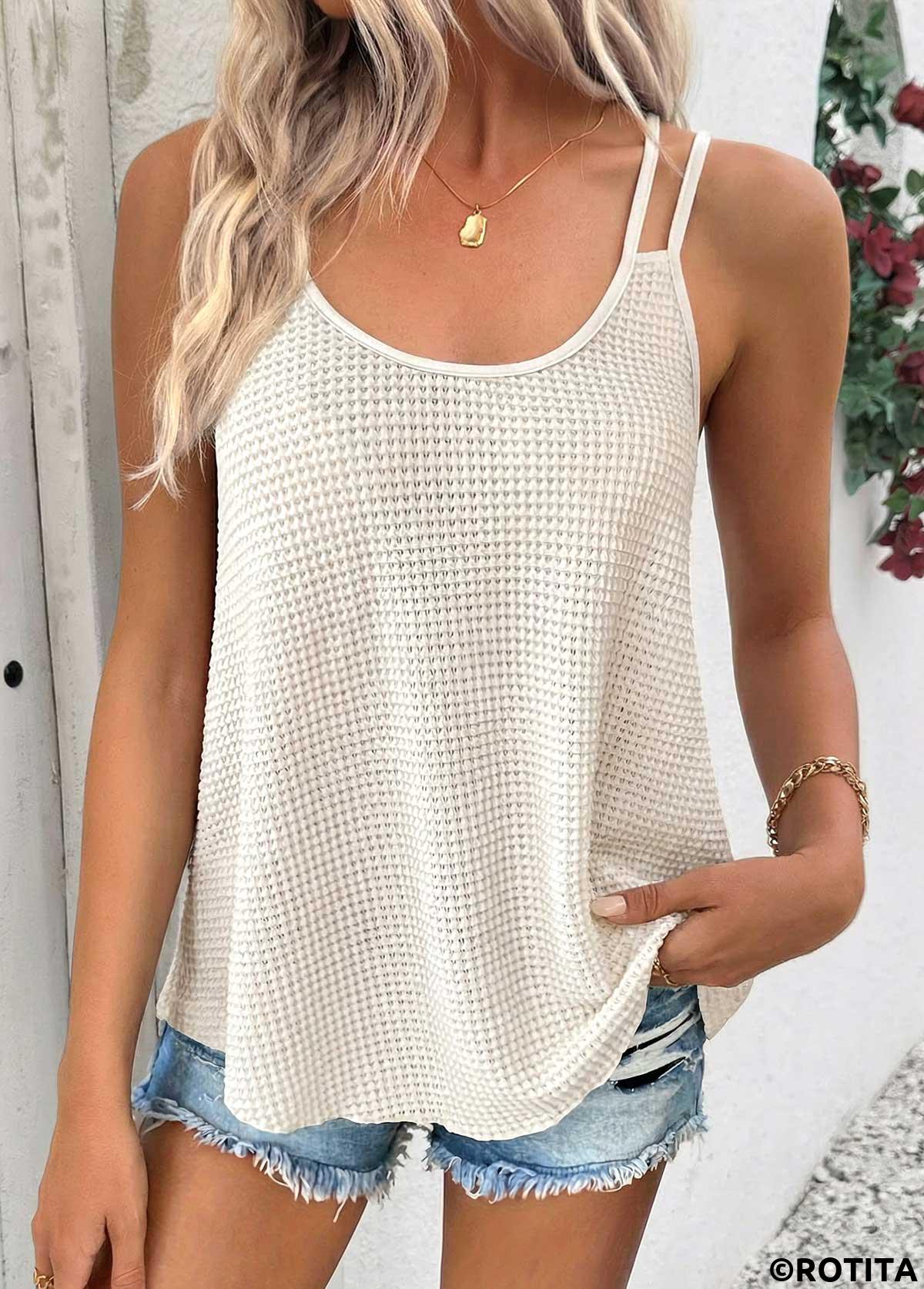 Beige tops,Plain Color tops,ROTITA Tummy Coverage Beige Scoop Neck Strappy Camisole Top