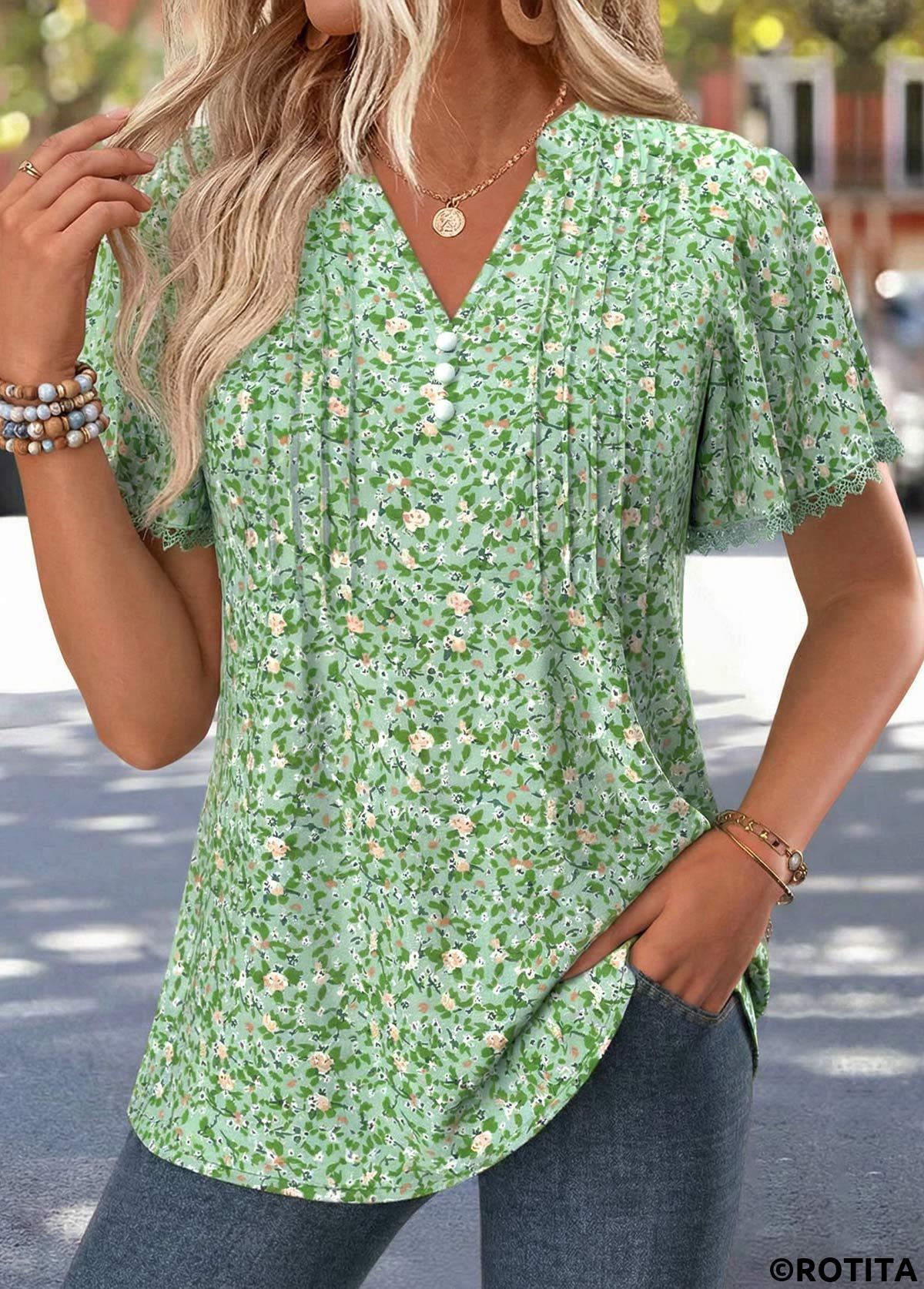 Light Green tops,Ditsy Floral tops,ROTITA Lace Trim Ditsy Floral Print Light Green T Shirt