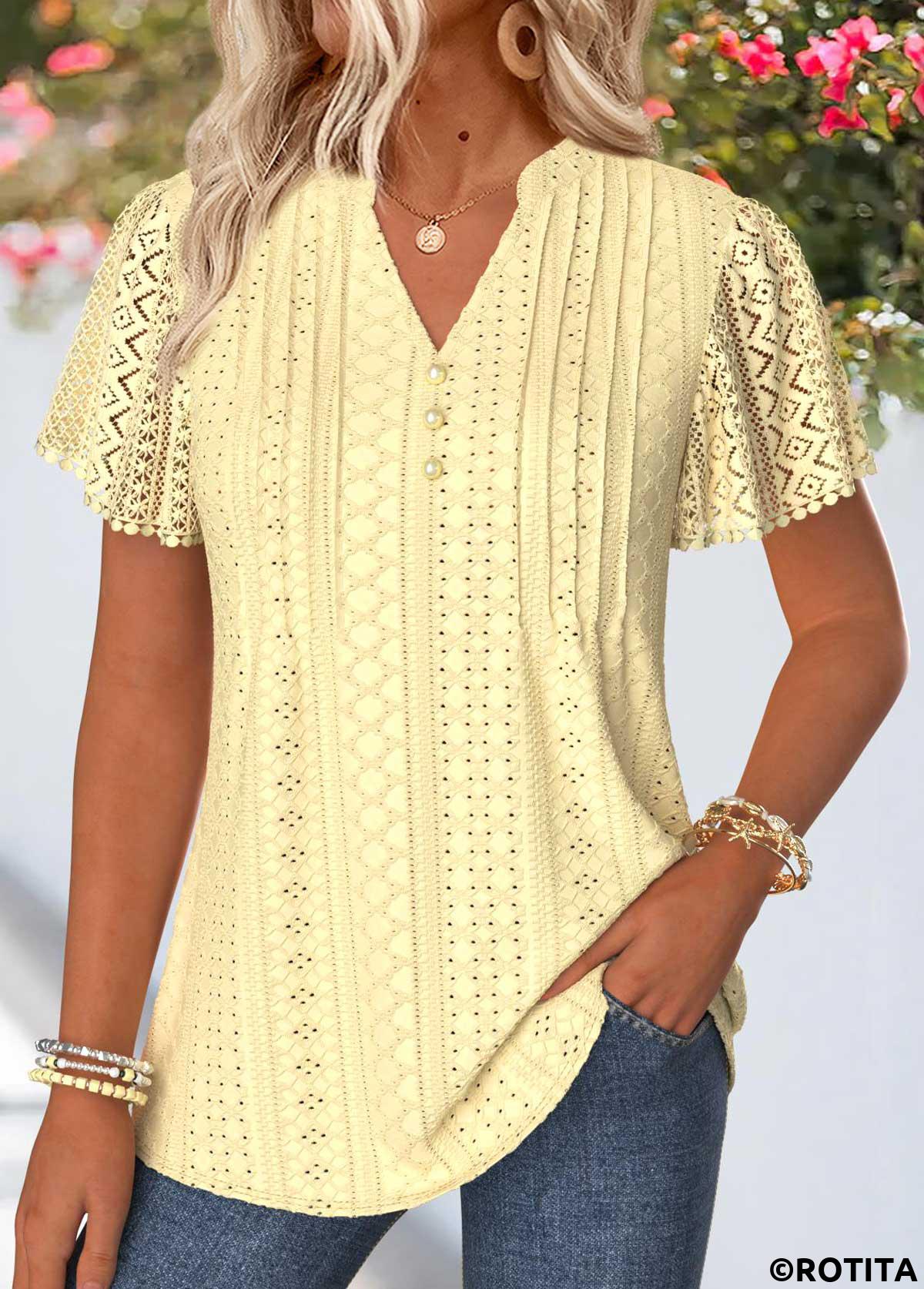 Light Yellow tops,Plain Color tops,ROTITA Curved Hem Light Yellow Split Neck T Shirt