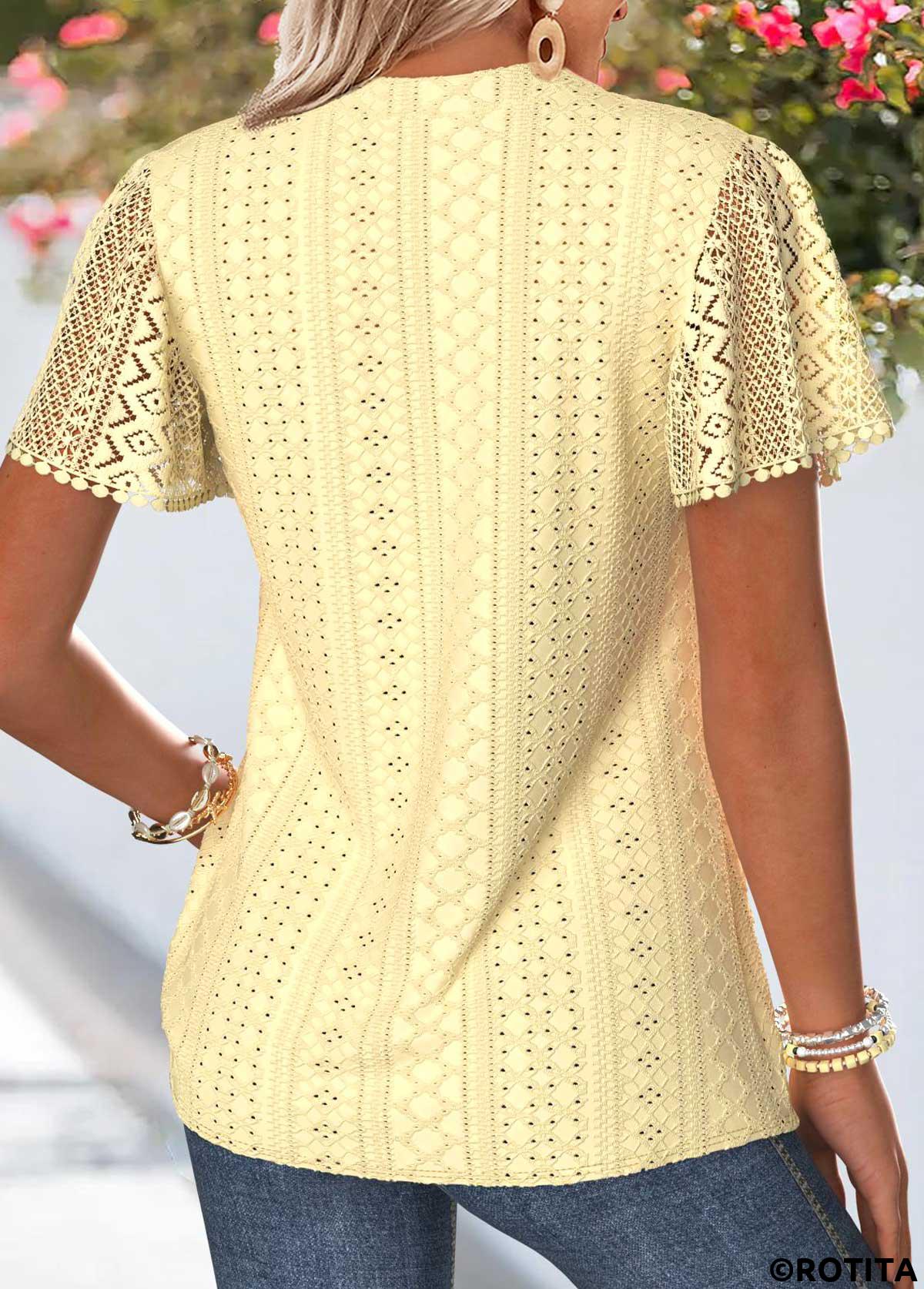 Light Yellow tops,Plain Color tops,ROTITA Curved Hem Light Yellow Split Neck T Shirt