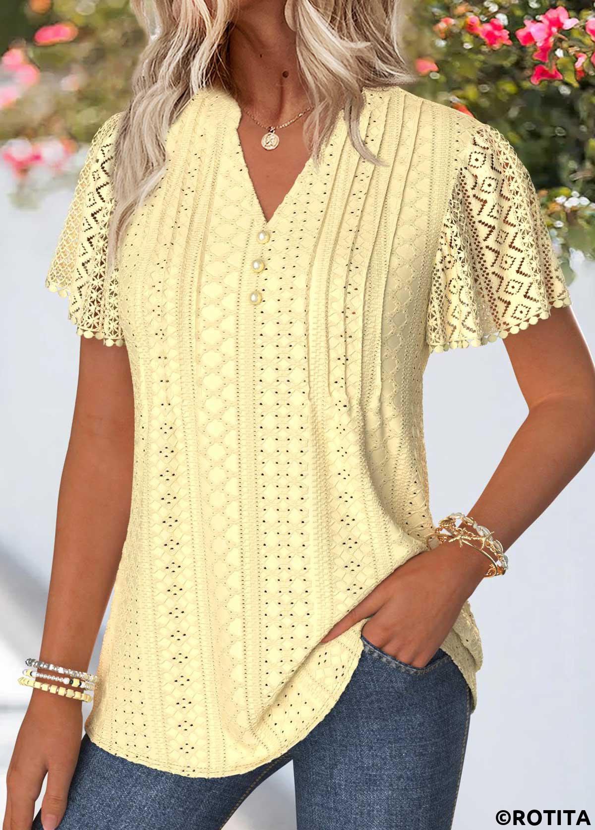 Light Yellow tops,Plain Color tops,ROTITA Curved Hem Light Yellow Split Neck T Shirt