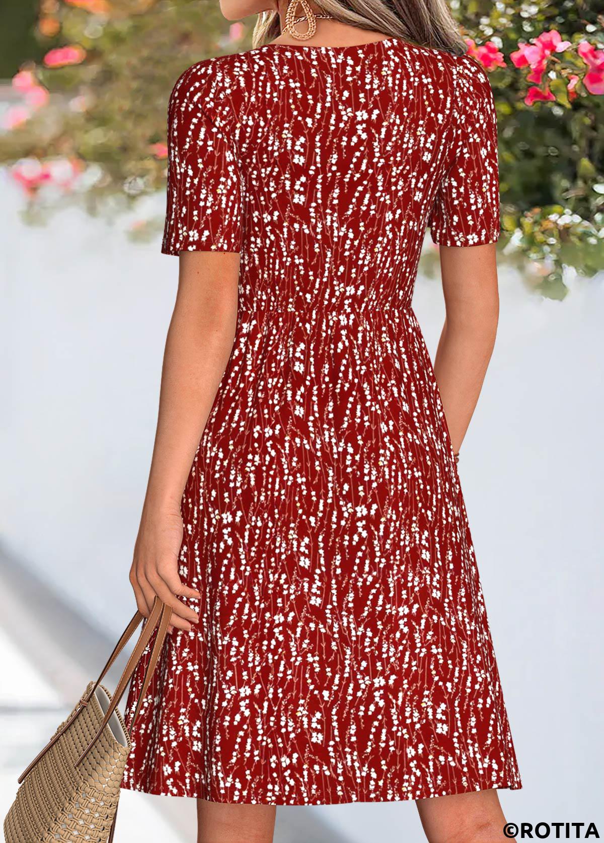 Wine Red dresses,Ditsy Floral dresses,Everyday dresses,Casual dresses,ROTITA Wine Red Ditsy Floral Print Tuck Stitch Dress