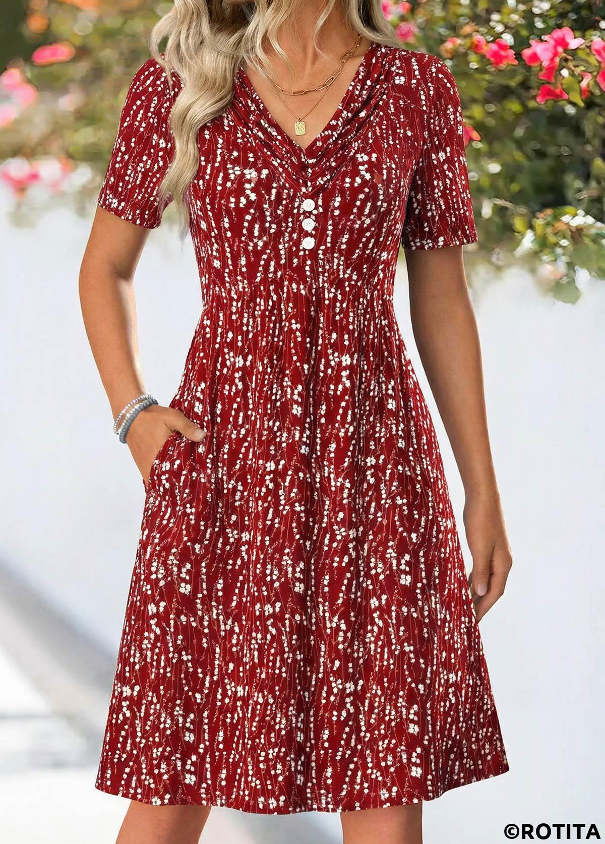 Wine Red dresses,Ditsy Floral dresses,Everyday dresses,Casual dresses,ROTITA Wine Red Ditsy Floral Print Tuck Stitch Dress