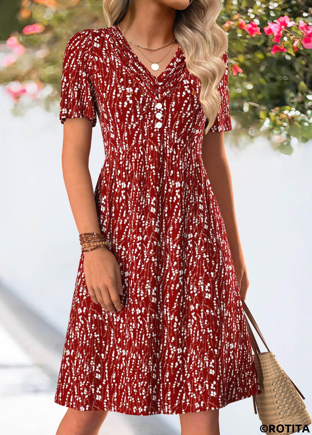 Wine Red dresses,Ditsy Floral dresses,Everyday dresses,Casual dresses,ROTITA Wine Red Ditsy Floral Print Tuck Stitch Dress