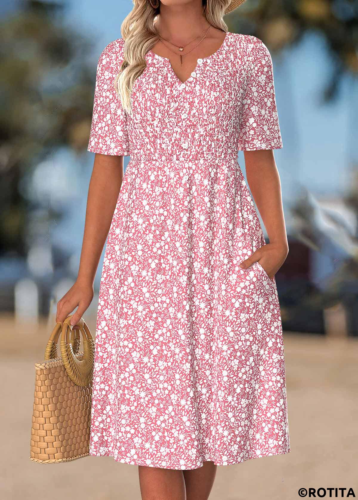 Pink dresses,Floral dresses,Plants dresses,Vacation dresses,ROTITA Pink Floral Print Smocked Split Neck Short Sleeve Dress