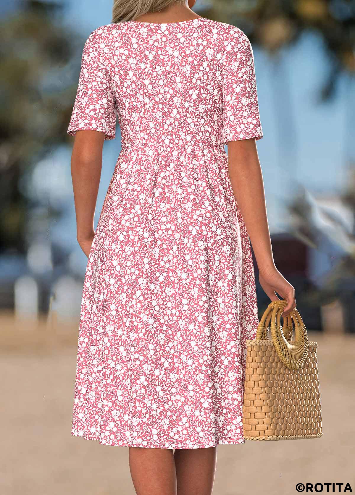 Pink dresses,Floral dresses,Plants dresses,Vacation dresses,ROTITA Pink Floral Print Smocked Split Neck Short Sleeve Dress