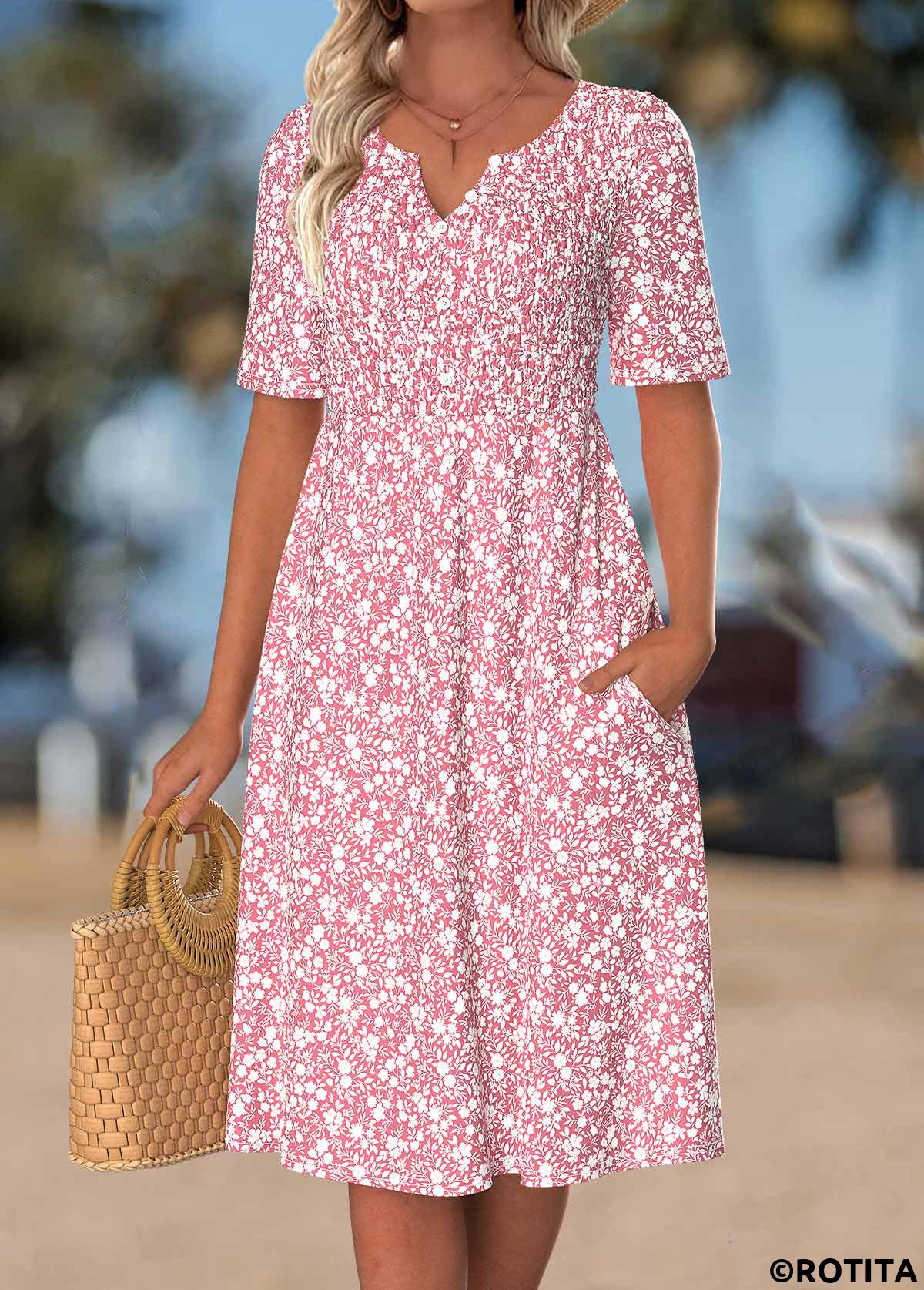 Pink dresses,Floral dresses,Plants dresses,Vacation dresses,ROTITA Pink Floral Print Smocked Split Neck Short Sleeve Dress