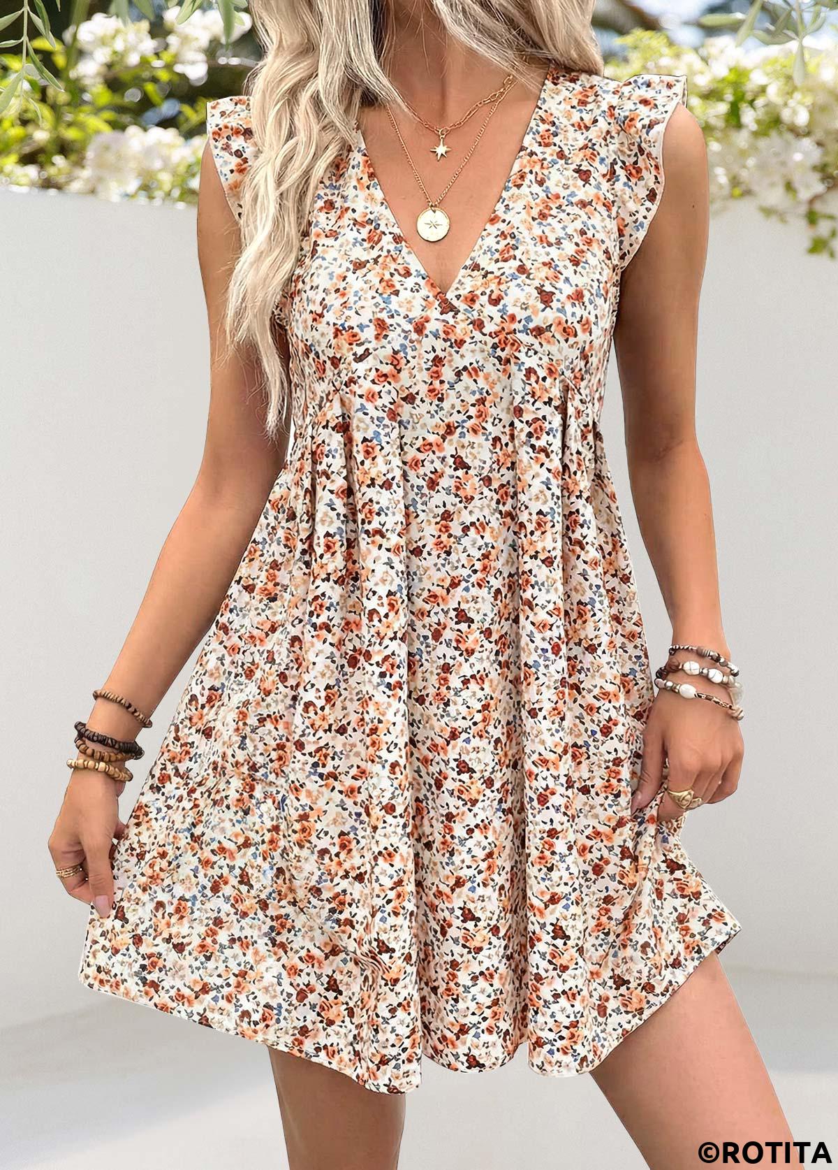 White dresses,Ditsy Floral dresses,Vacation dresses,ROTITA White Ditsy Floral Print Pleated Short A Line Dress